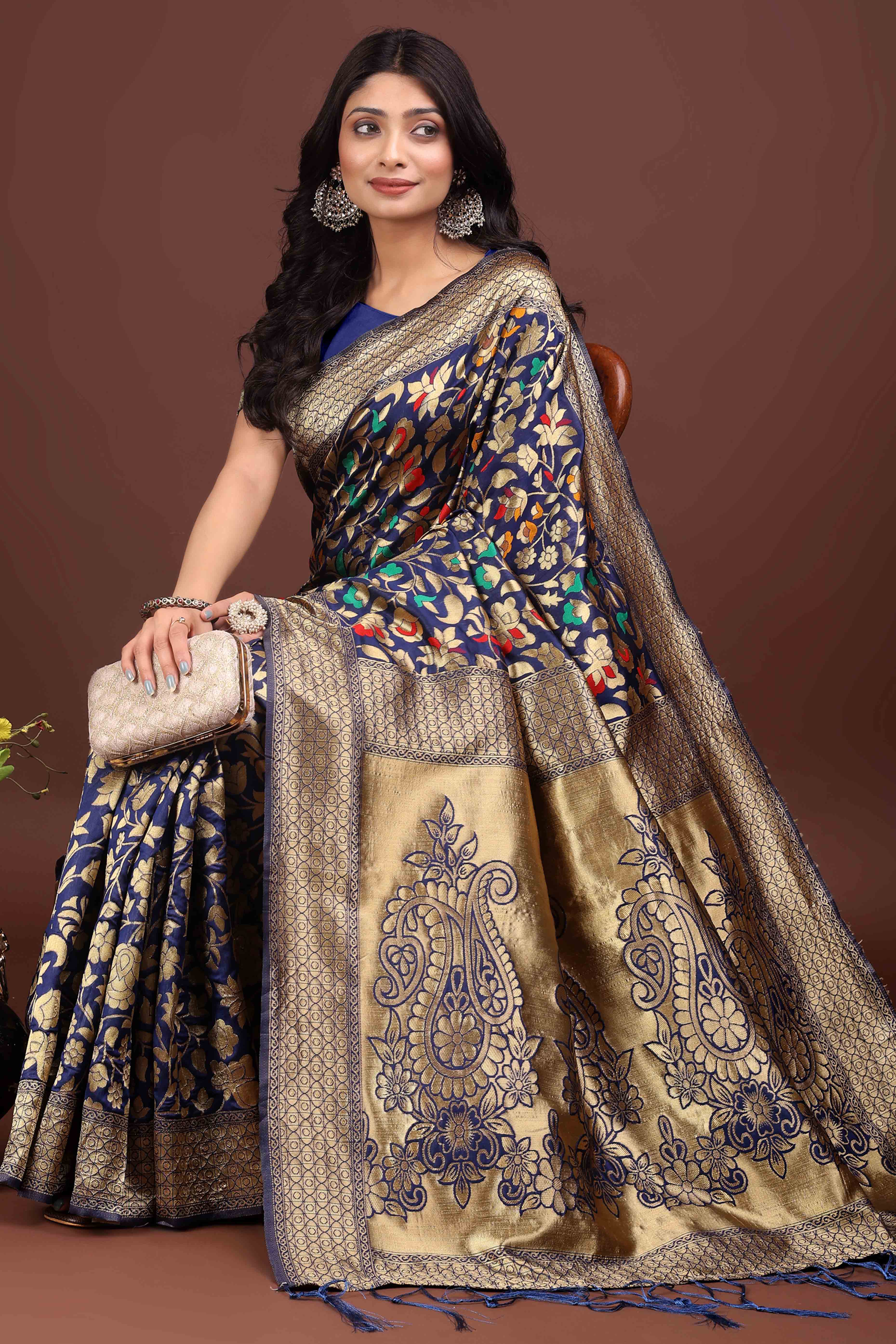 Navy Blue Lichi Banarasi Silk Saree With Floral Zari Work & Tassel Border