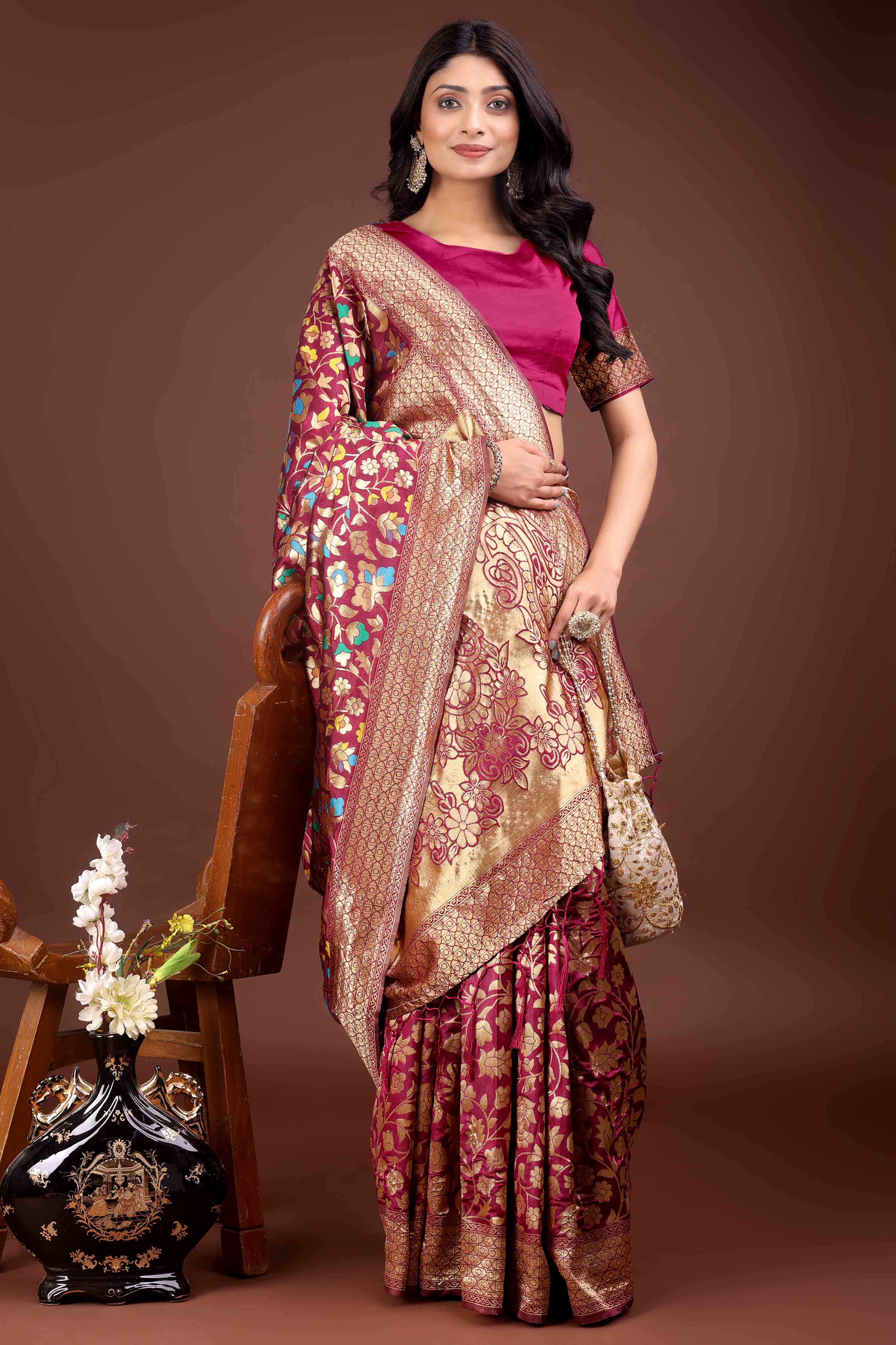 Dark Magenta Lichi Banarasi Silk Saree With Floral Zari Work & Tassel Border