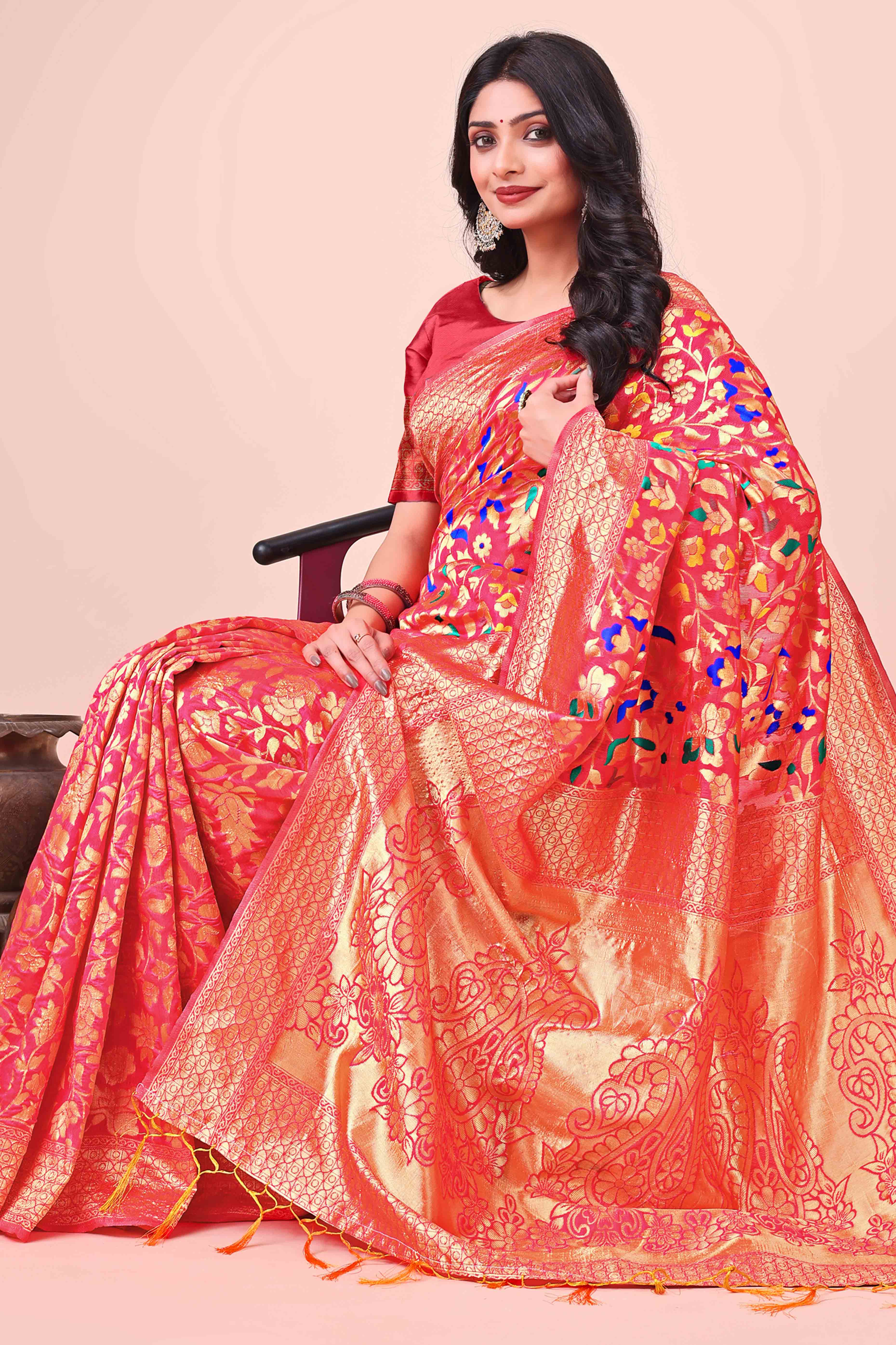 Maroon Lichi Banarasi Silk Saree With Floral Zari Work & Tassel Border