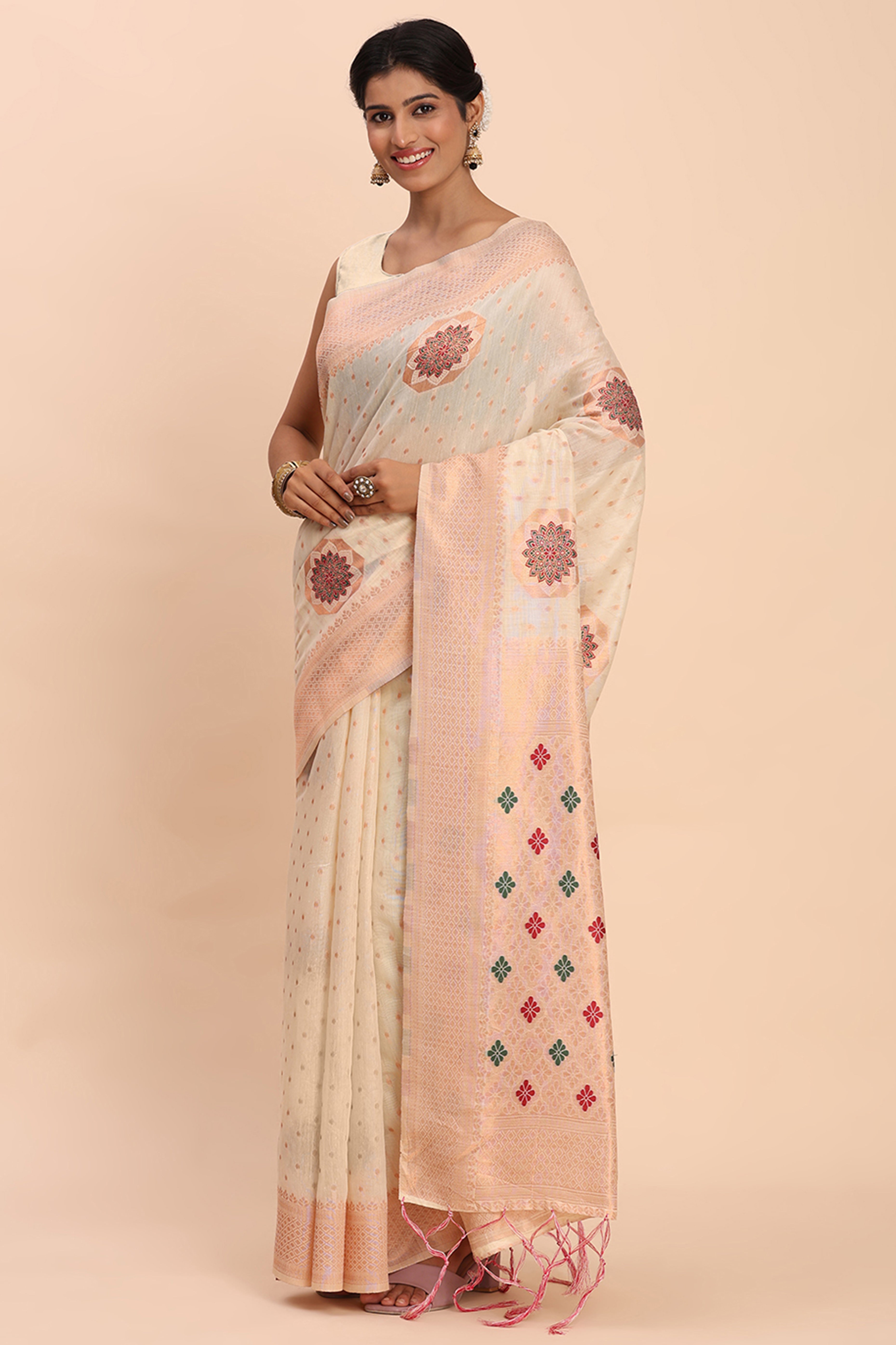 Stylish Offwhite Floral Zari Weaving Linen Cotton Saree With Graceful Tassel Pallu