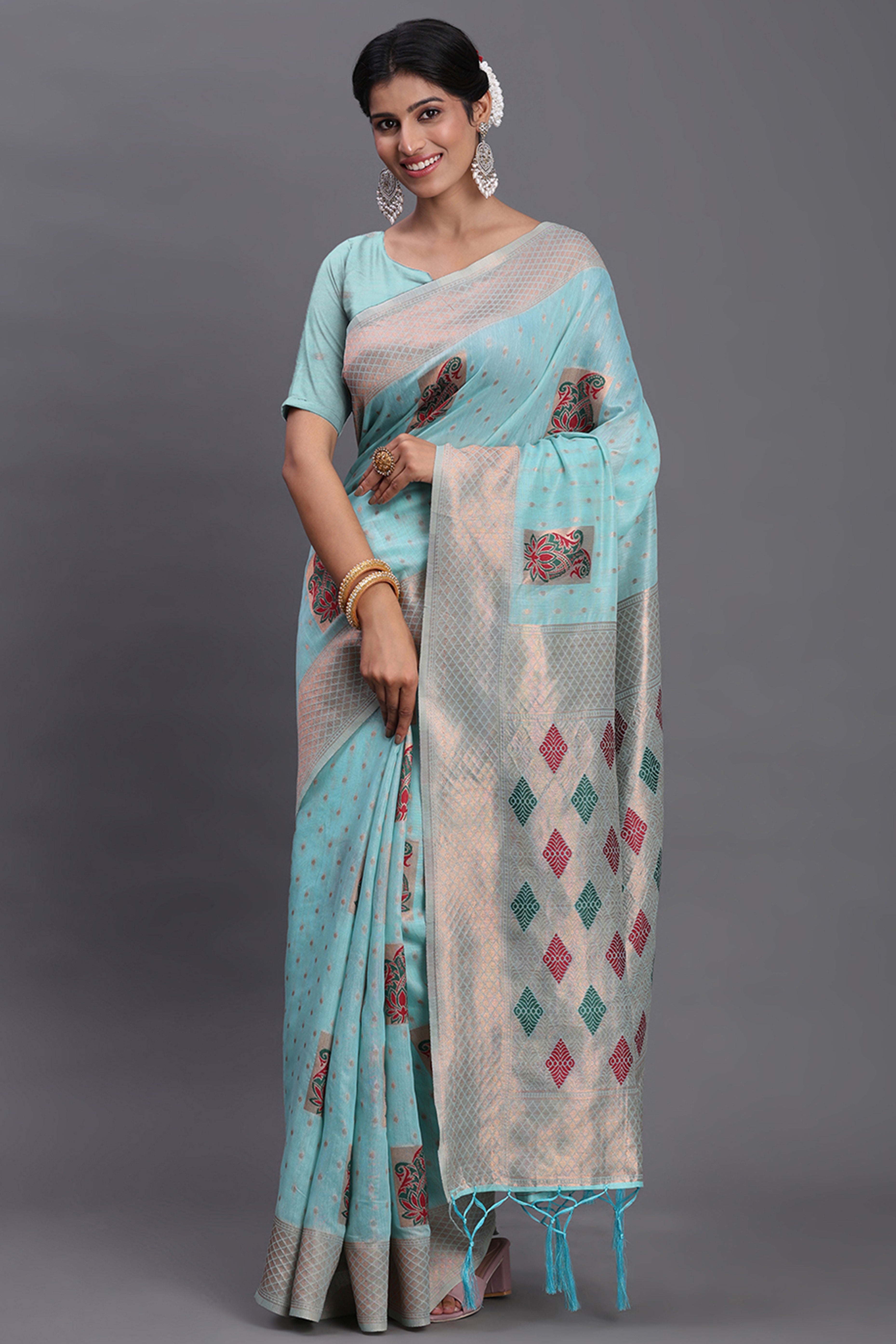 Stylish Sky Blue Floral Zari Weaving Linen Cotton Saree With Graceful Tassel Pallu