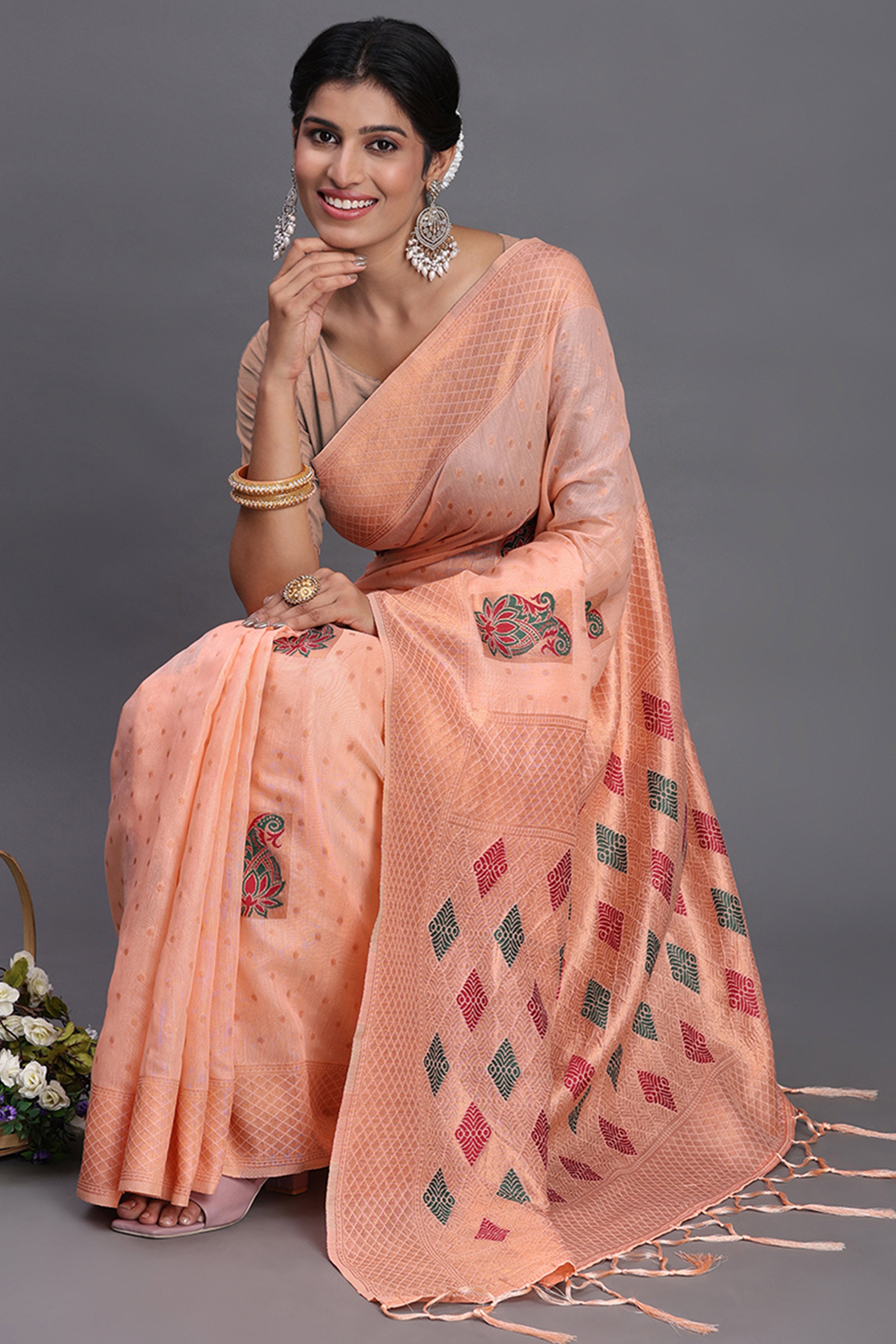 Stylish Peach Floral Zari Weaving Linen Cotton Saree With Graceful Tassel Pallu