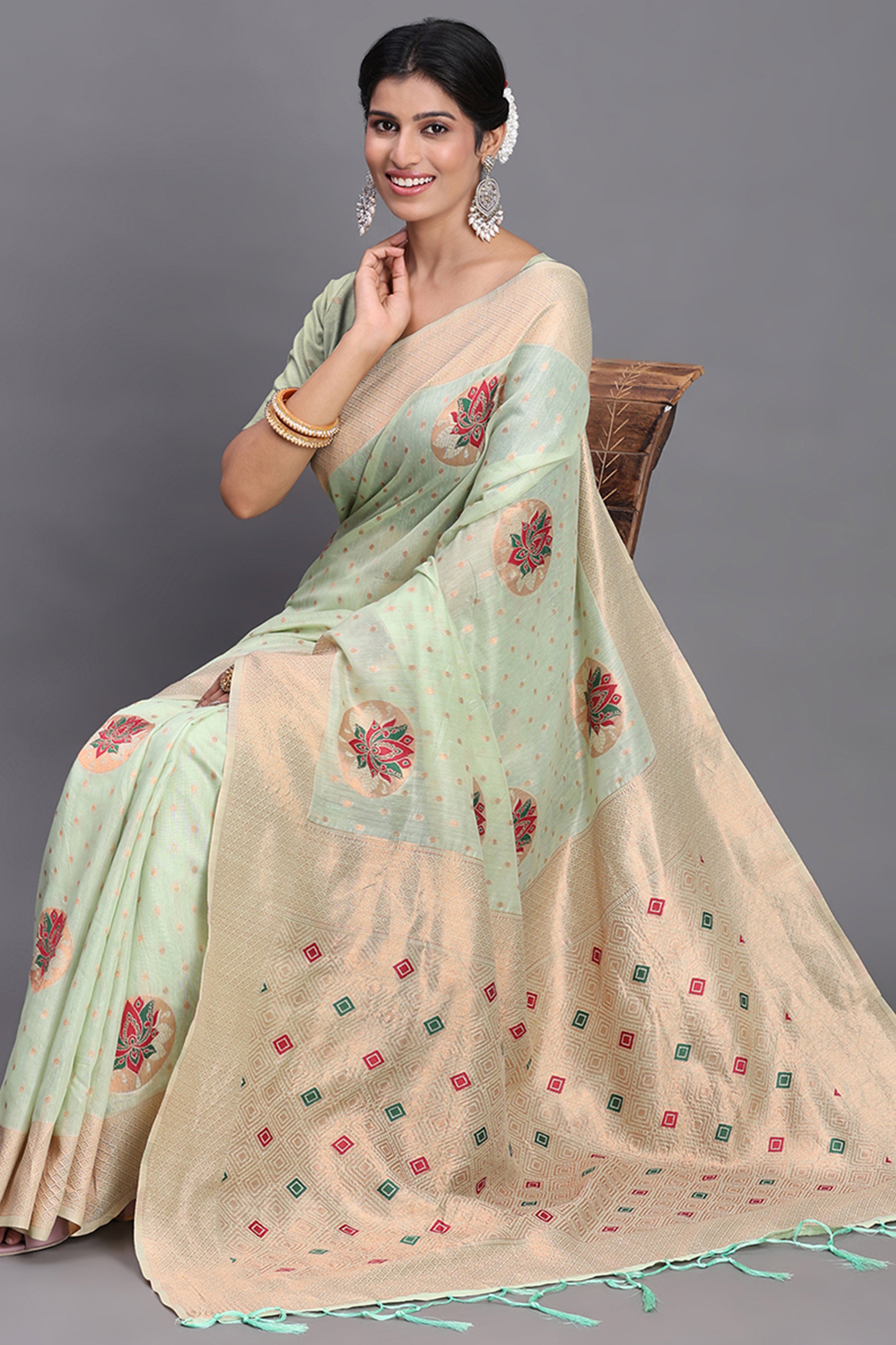 Stylish Light Green Floral Zari Weaving Linen Cotton Saree With Graceful Tassel Pallu