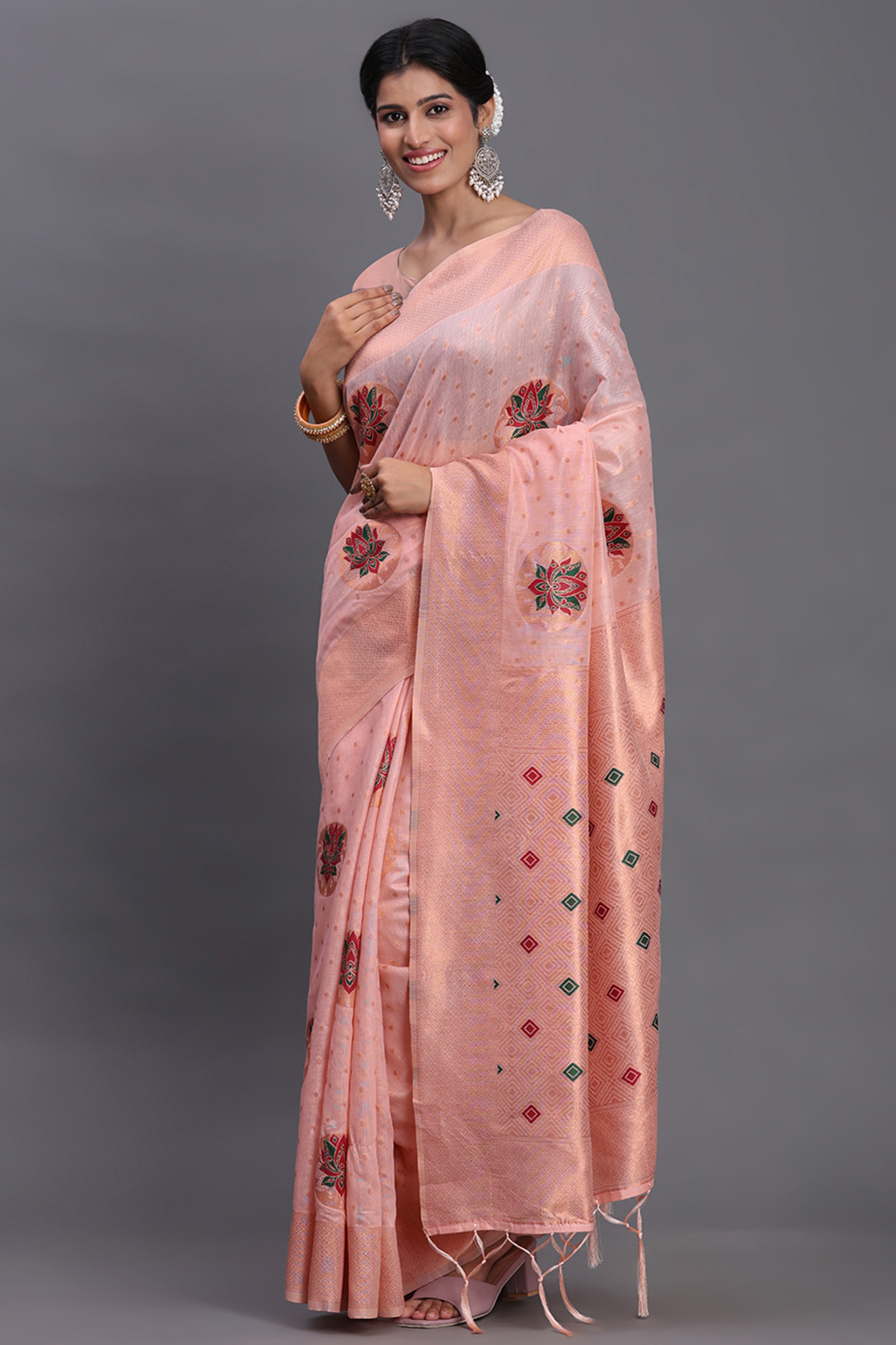 Stylish Light Pink Floral Zari Weaving Linen Cotton Saree With Graceful Tassel Pallu