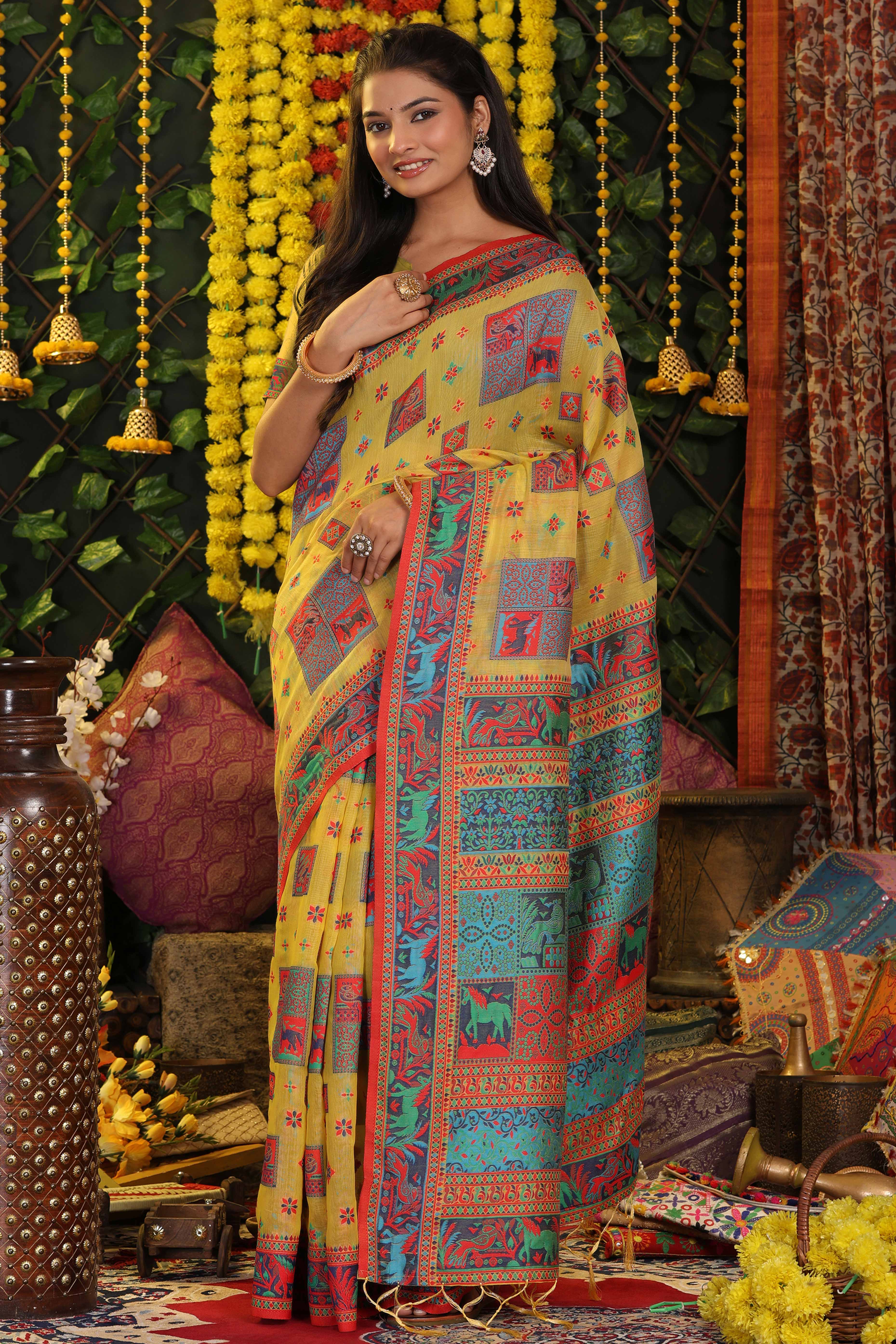 Yellow Linen Cotton Saree Adorned With Floral Zari Weaving & Tassel Pallu