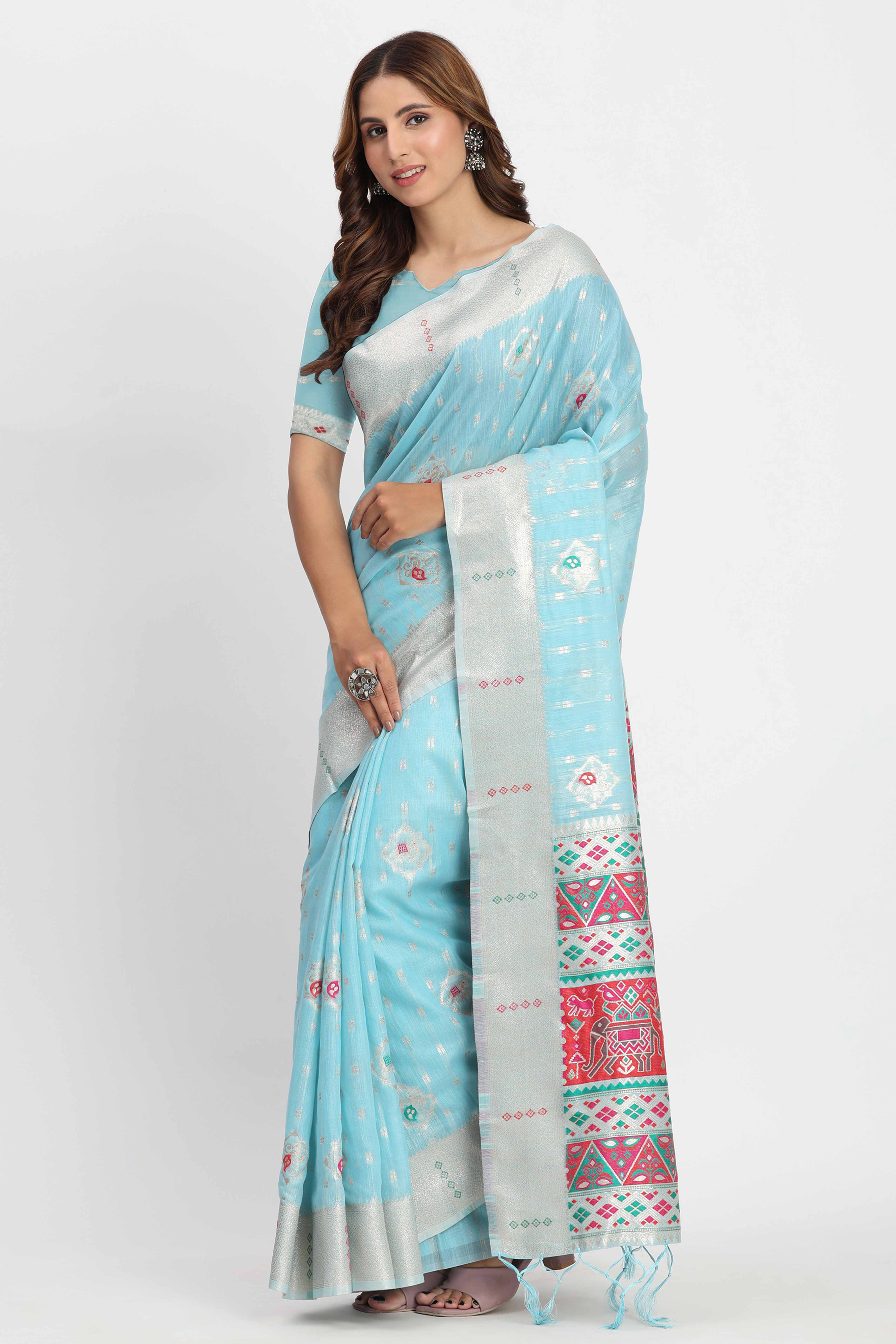Shimmering Sky Blue linen Cotton Saree Embellished With Rich Zari Weaving And Tassels Pallu