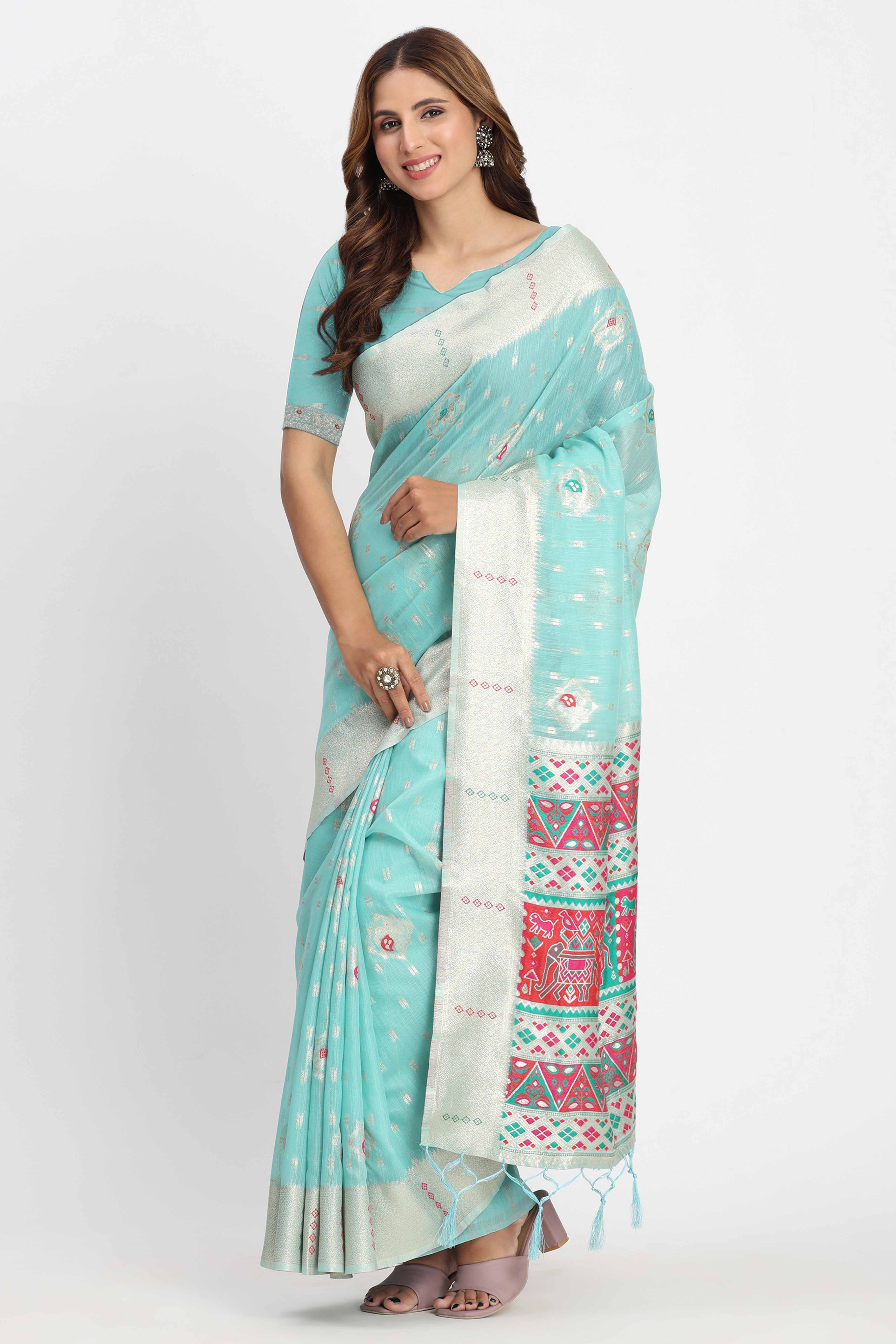 Shimmering Turquoise linen Cotton Saree Embellished With Rich Zari Weaving And Tassels Pallu