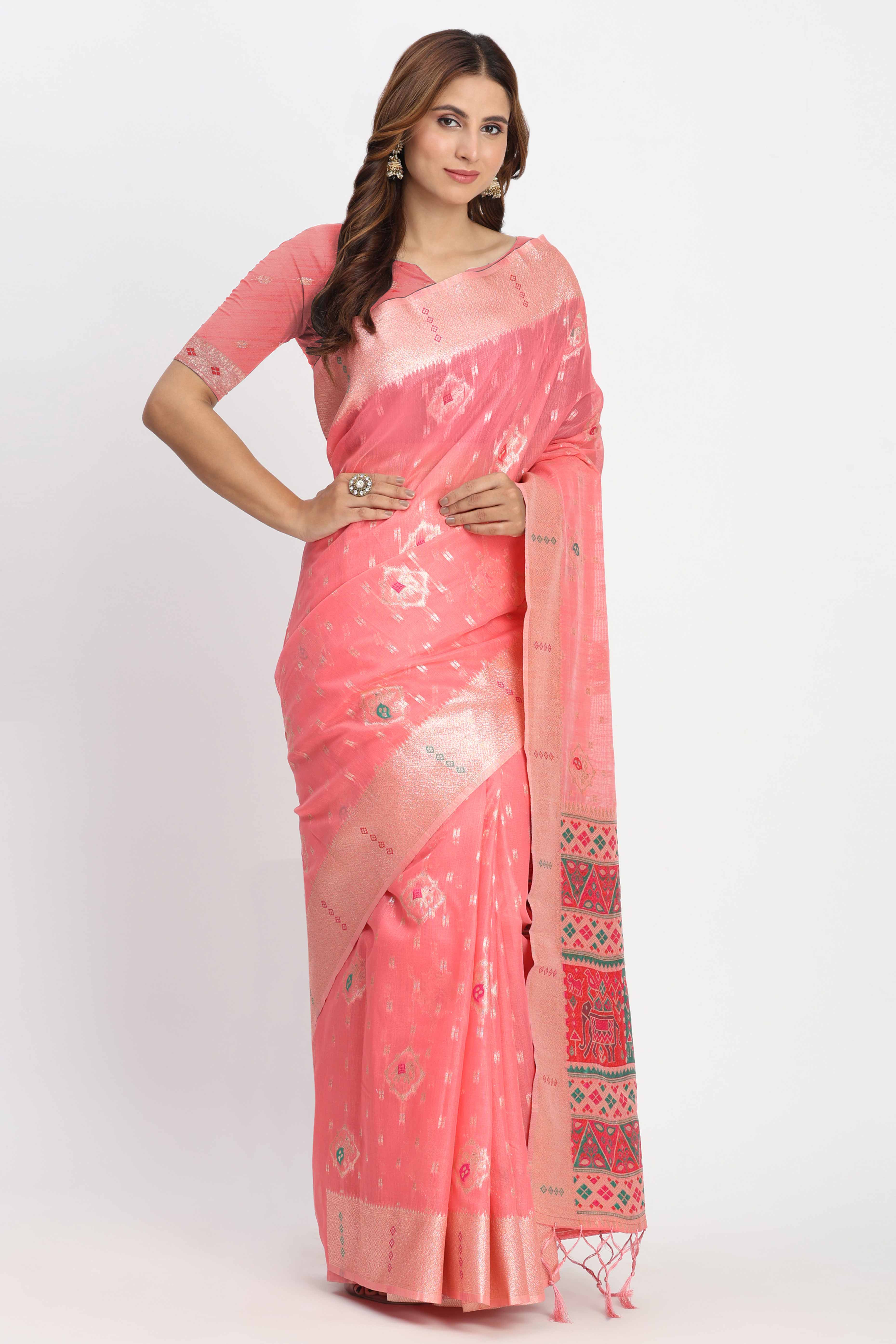 Shimmering Coral Pink  linen Cotton Saree Embellished With Rich Zari Weaving And Tassels Pallu