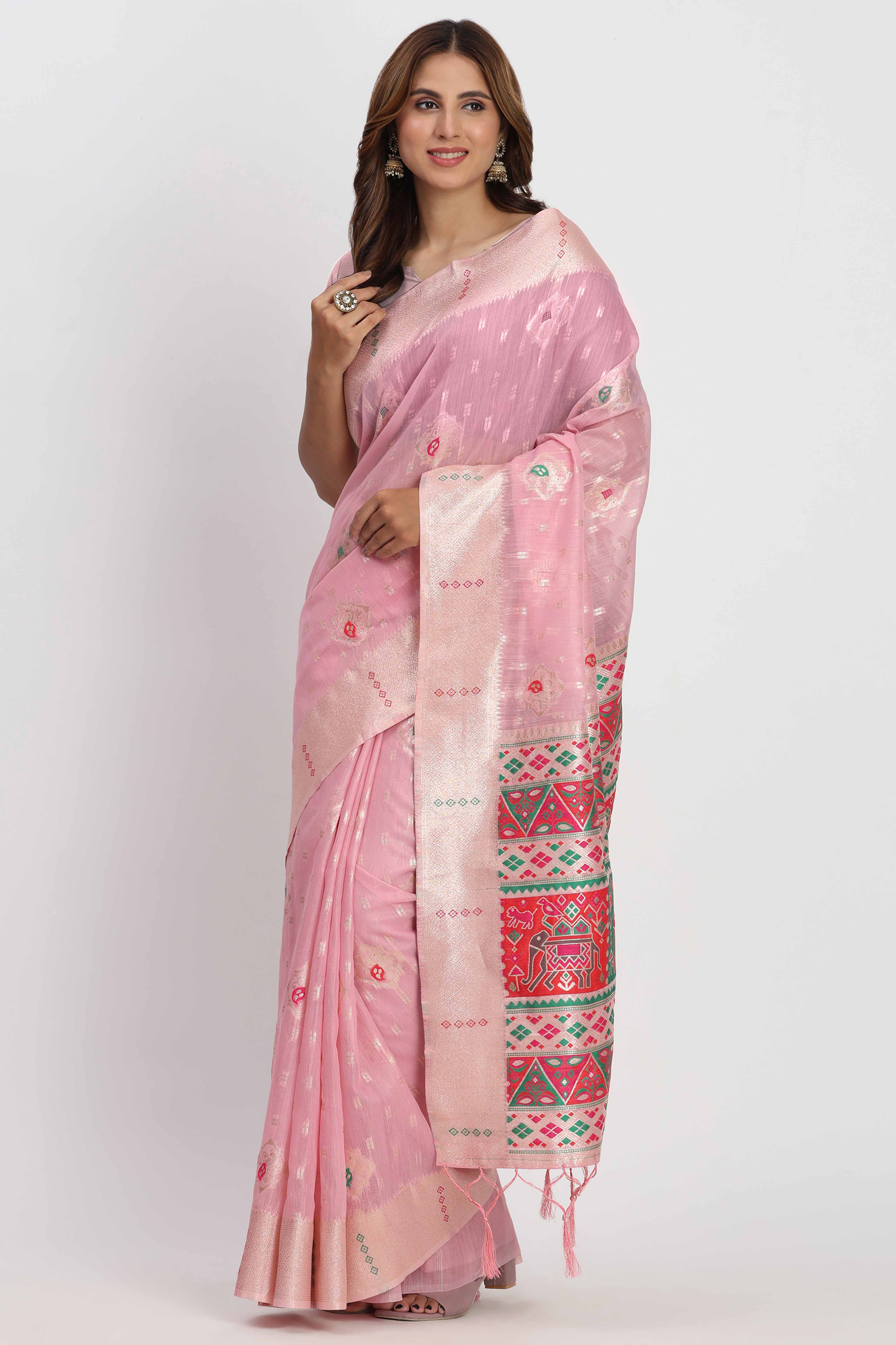 Shimmering Light Pink linen Cotton Saree Embellished With Rich Zari Weaving And Tassels Pallu