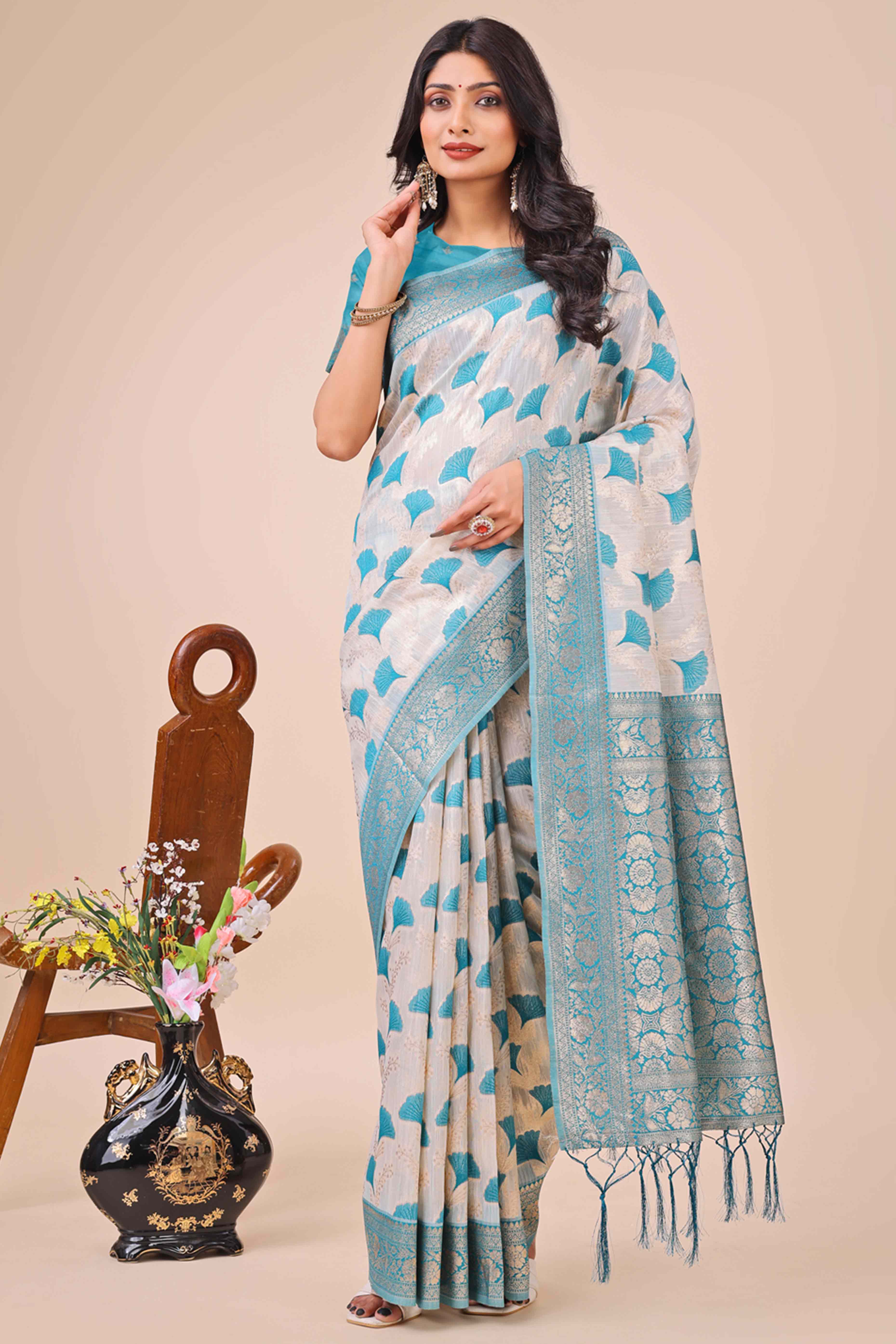 Rama Blue Saree In Linen Cotton With Beautiful Floral Woven Patterns & a Tassel