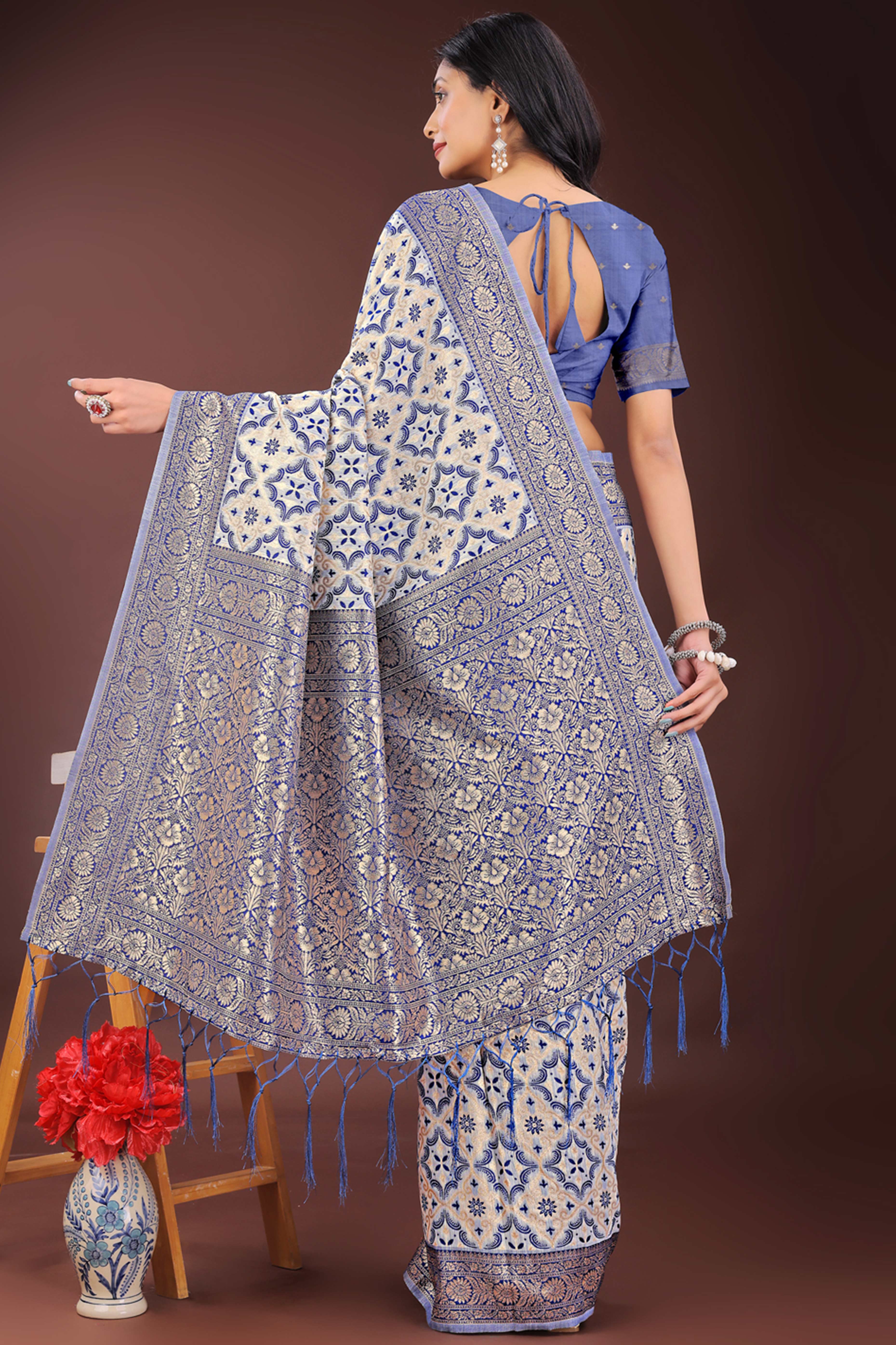Blue Cotton Blend Saree with Woven Floral Brocade Patterns and Tasseled Borders