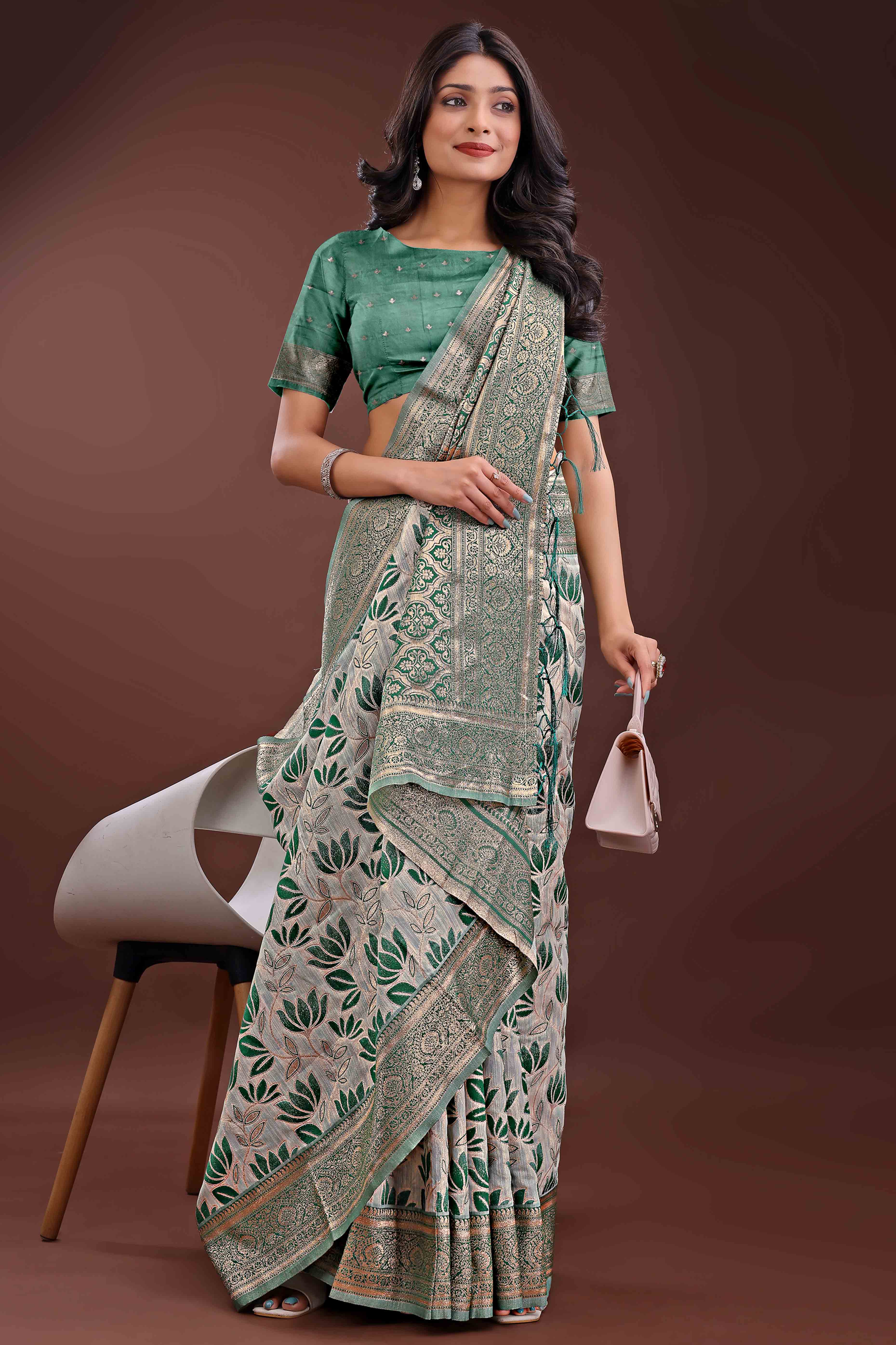 Green Linen Cotton Saree Featuring Graceful Floral Patterns in Zari Weave