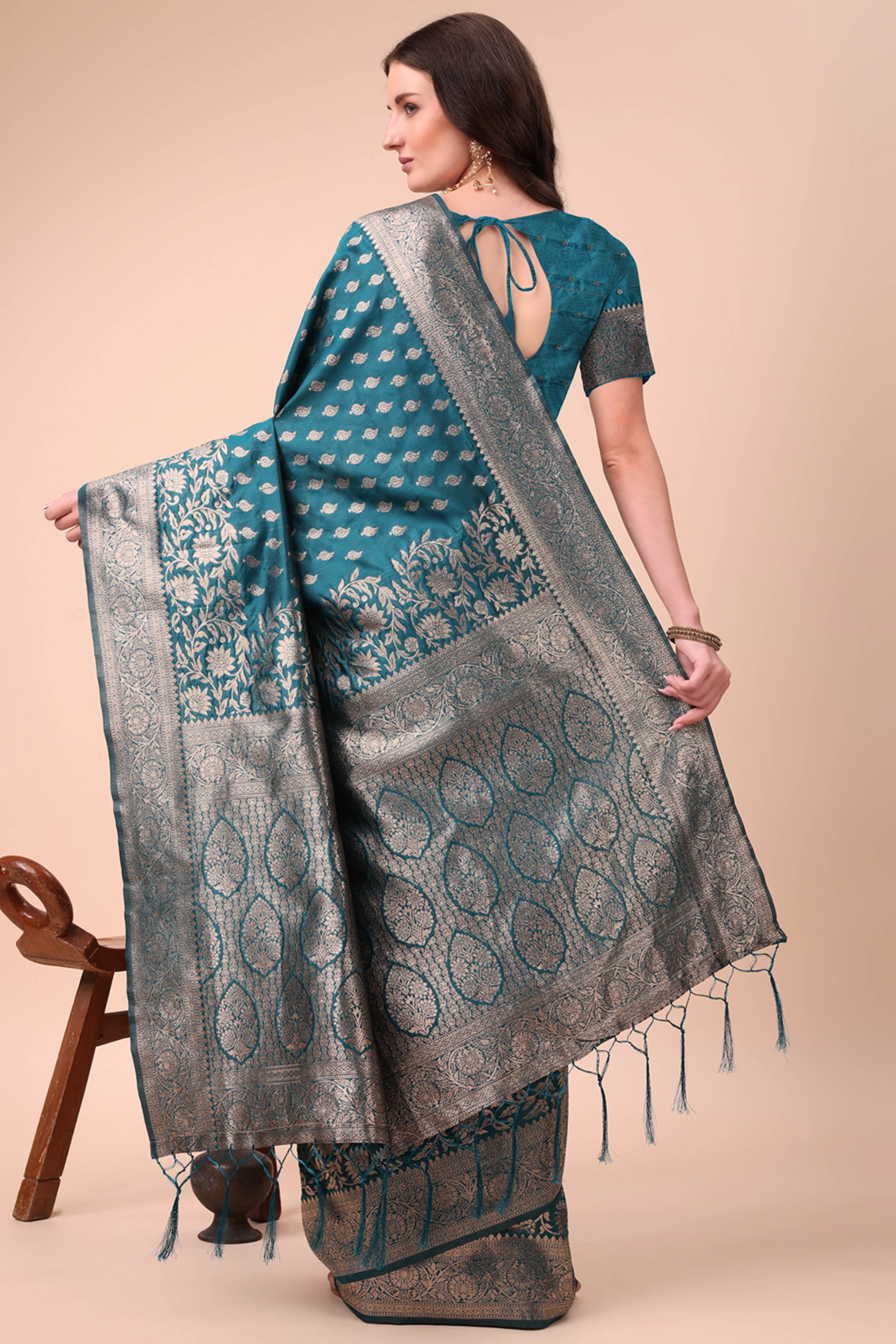 Teal Saree In Lichi Silk Blend With Floral Zari Weaving & Delicate Tassel Border