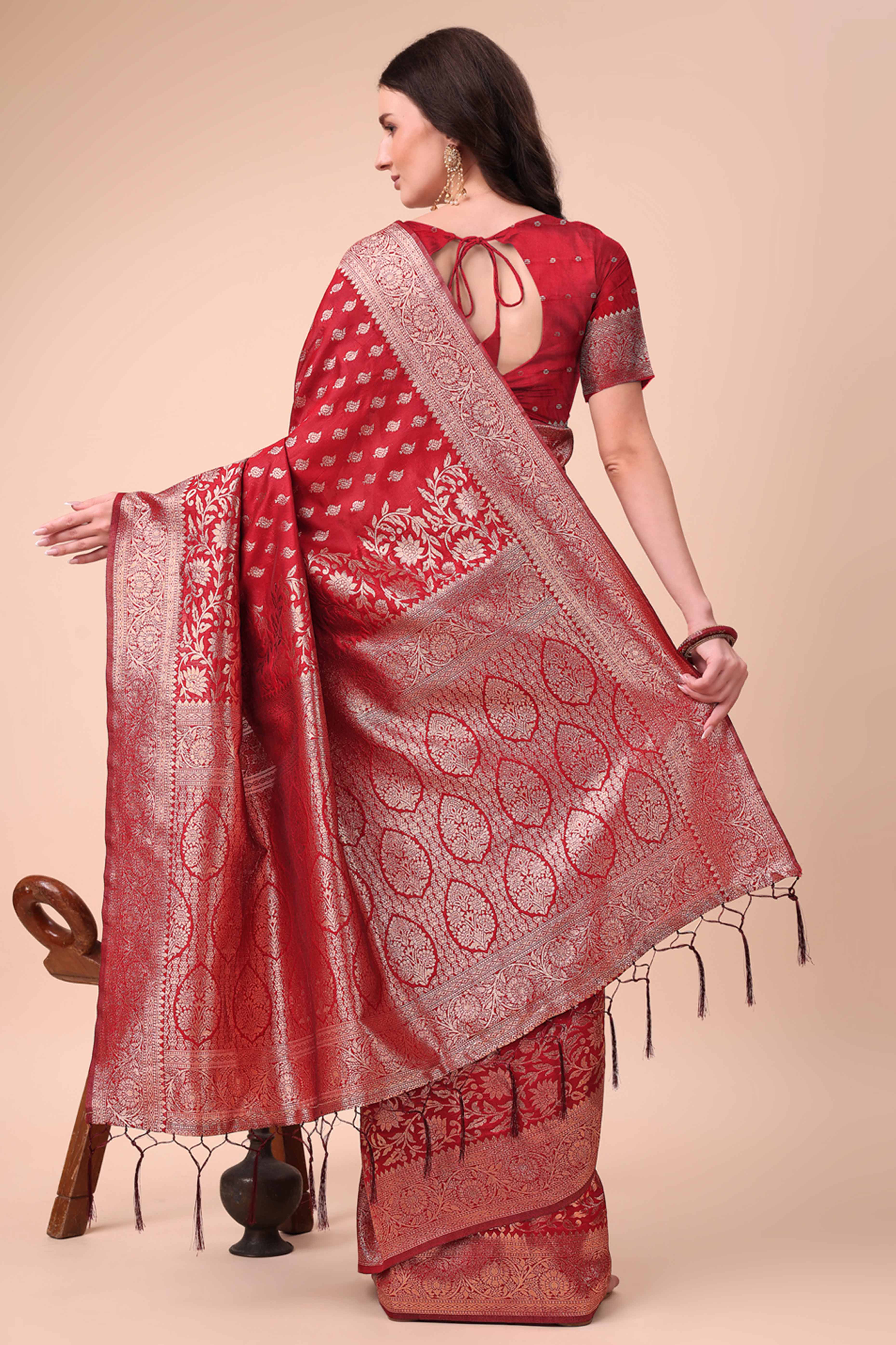 Red Saree In Lichi Silk Blend With Floral Zari Weaving & Delicate Tassel Border