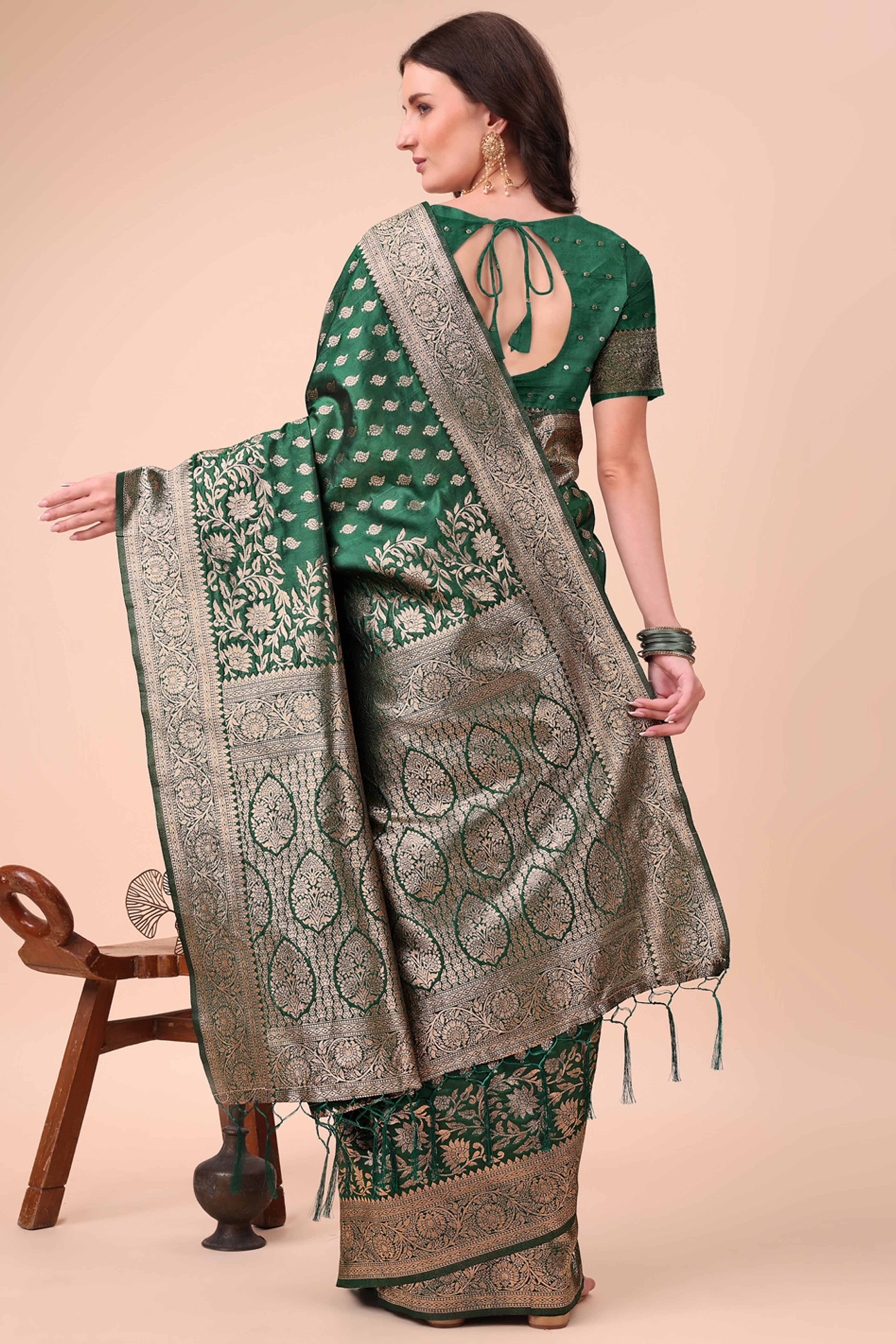 Green Saree In Lichi Silk Blend With Floral Zari Weaving & Delicate Tassel Border