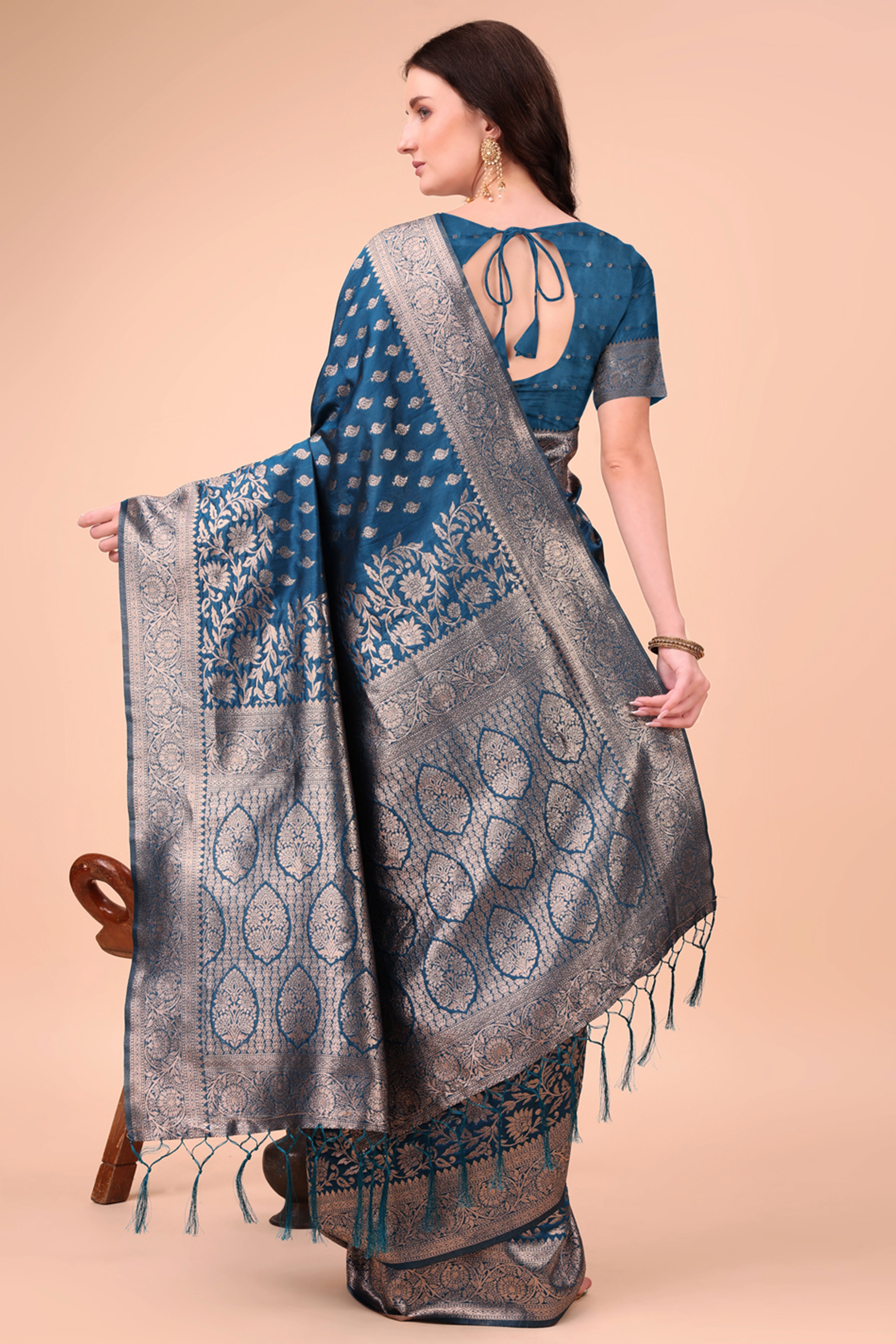 Morpich Blue Saree In Lichi Silk Blend With Floral Zari Weaving & Delicate Tassel Border