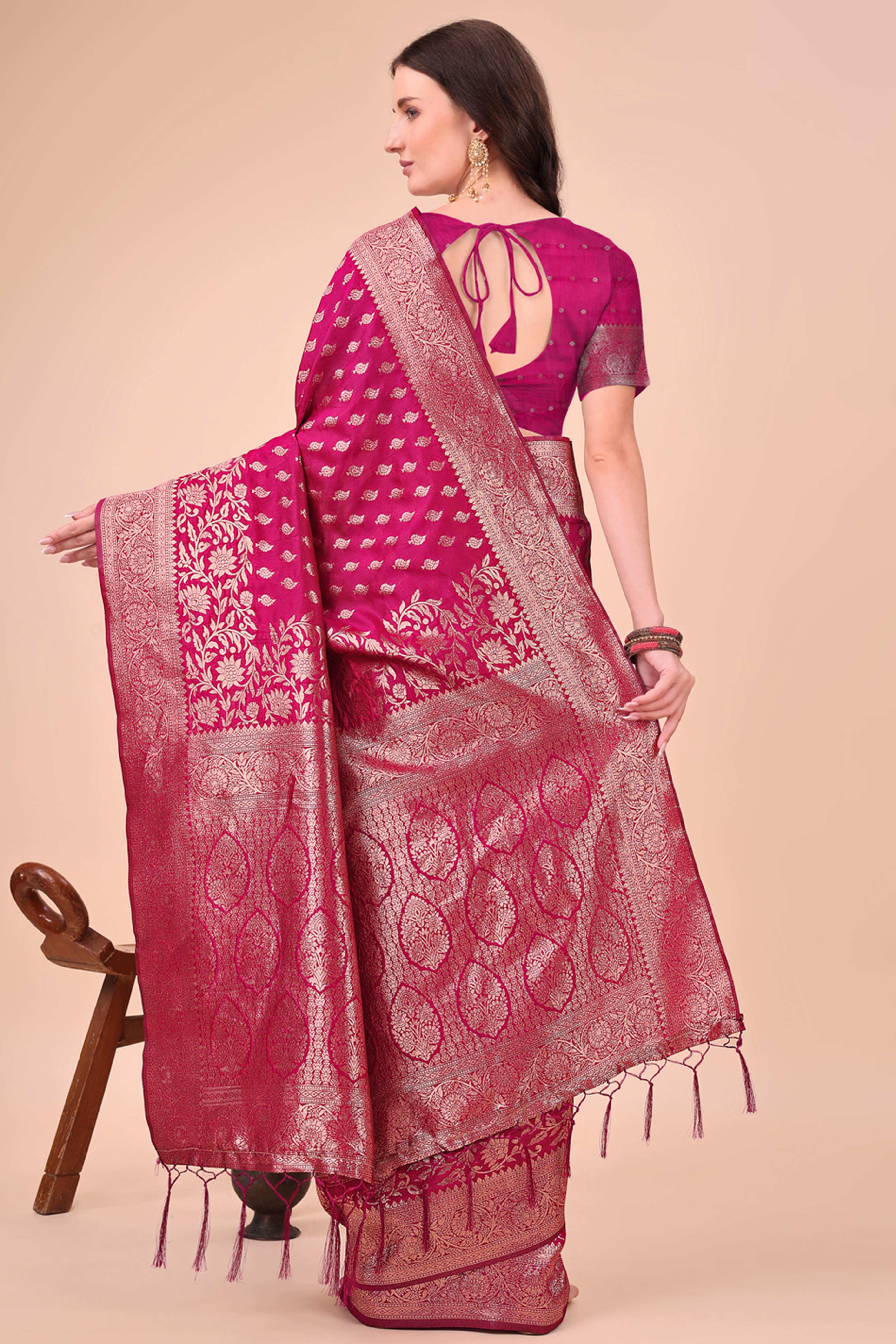 Magenta Saree In Lichi Silk Blend With Floral Zari Weaving & Delicate Tassel Border