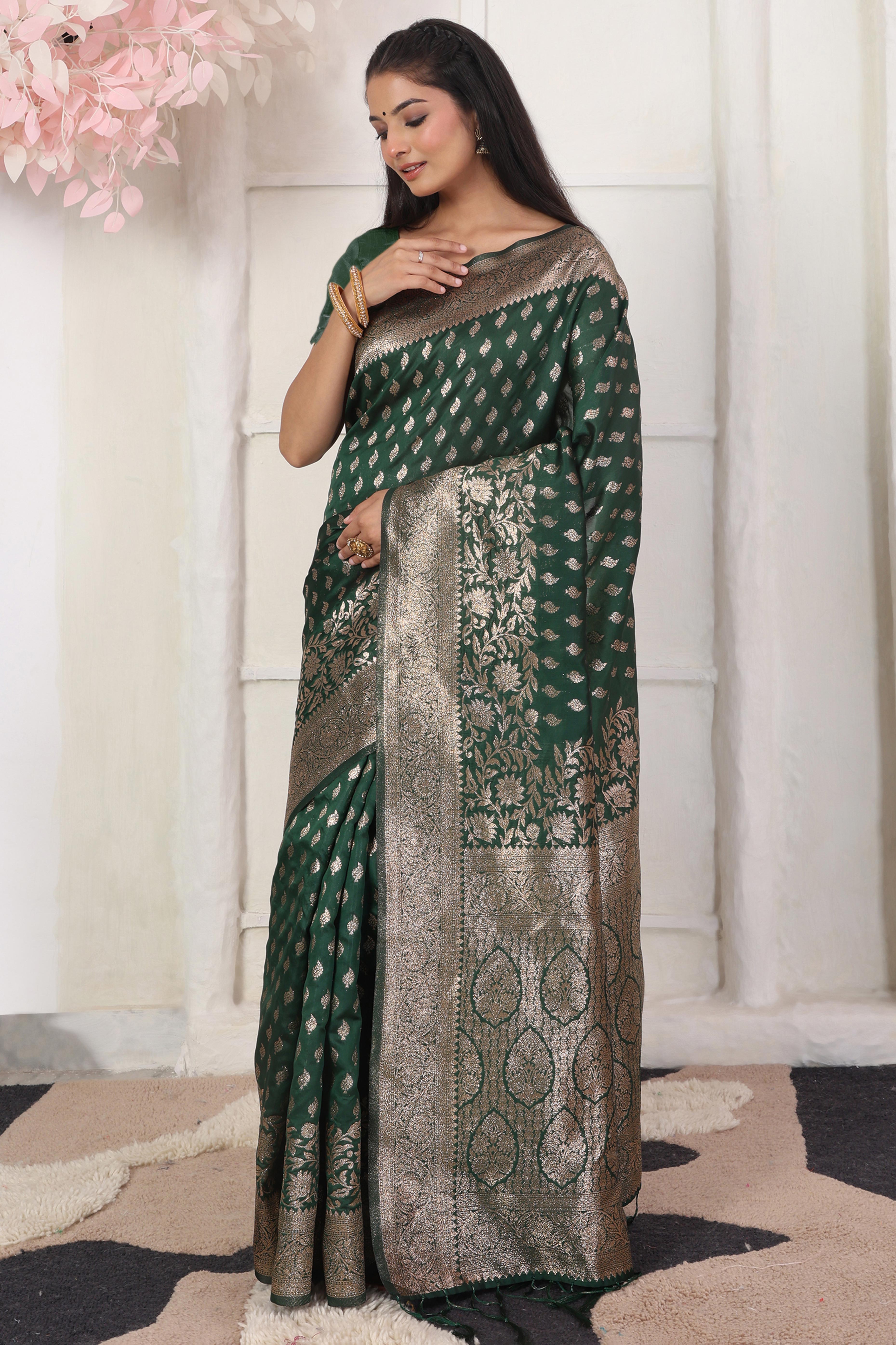 Green Traditional Lichi Silk Blend Saree Enhanced With Floral Zari Weaving & Tassel Pallu
