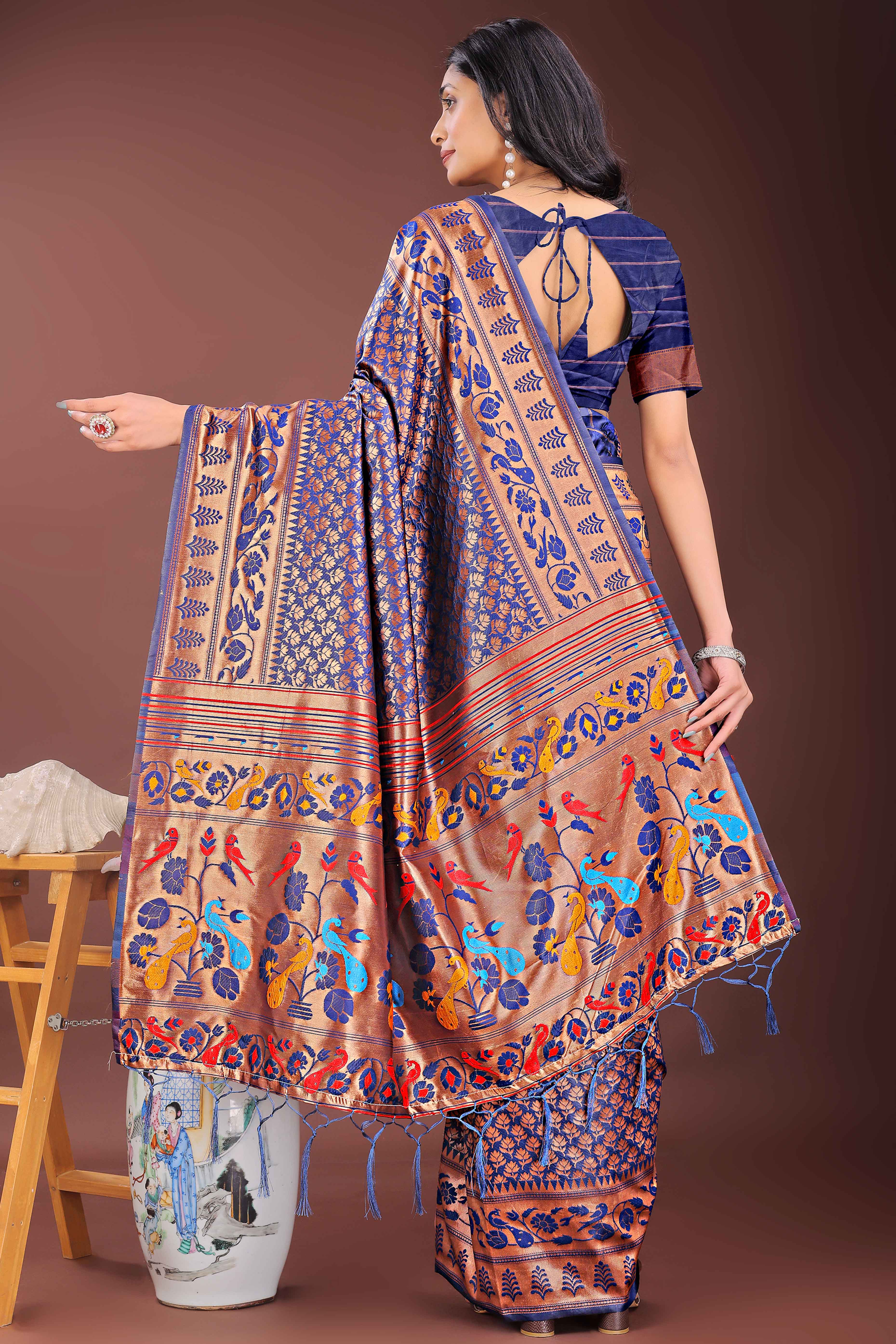 Navy Blue Silk Banarasi Saree with Stunning Zari Woven Brocade Patterns