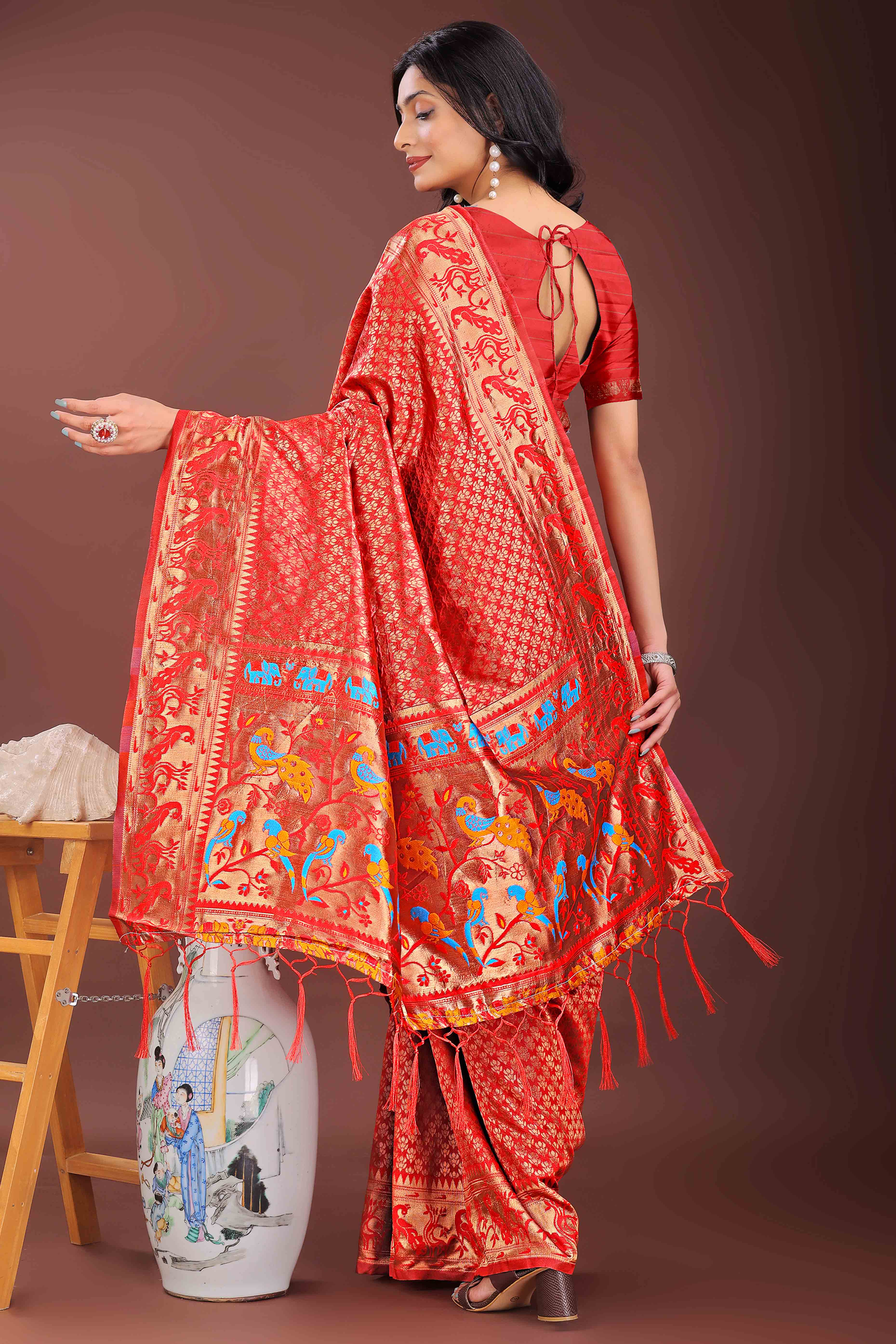 Red Saree in Banarasi Silk with Luxurious Zari Brocade Weaving