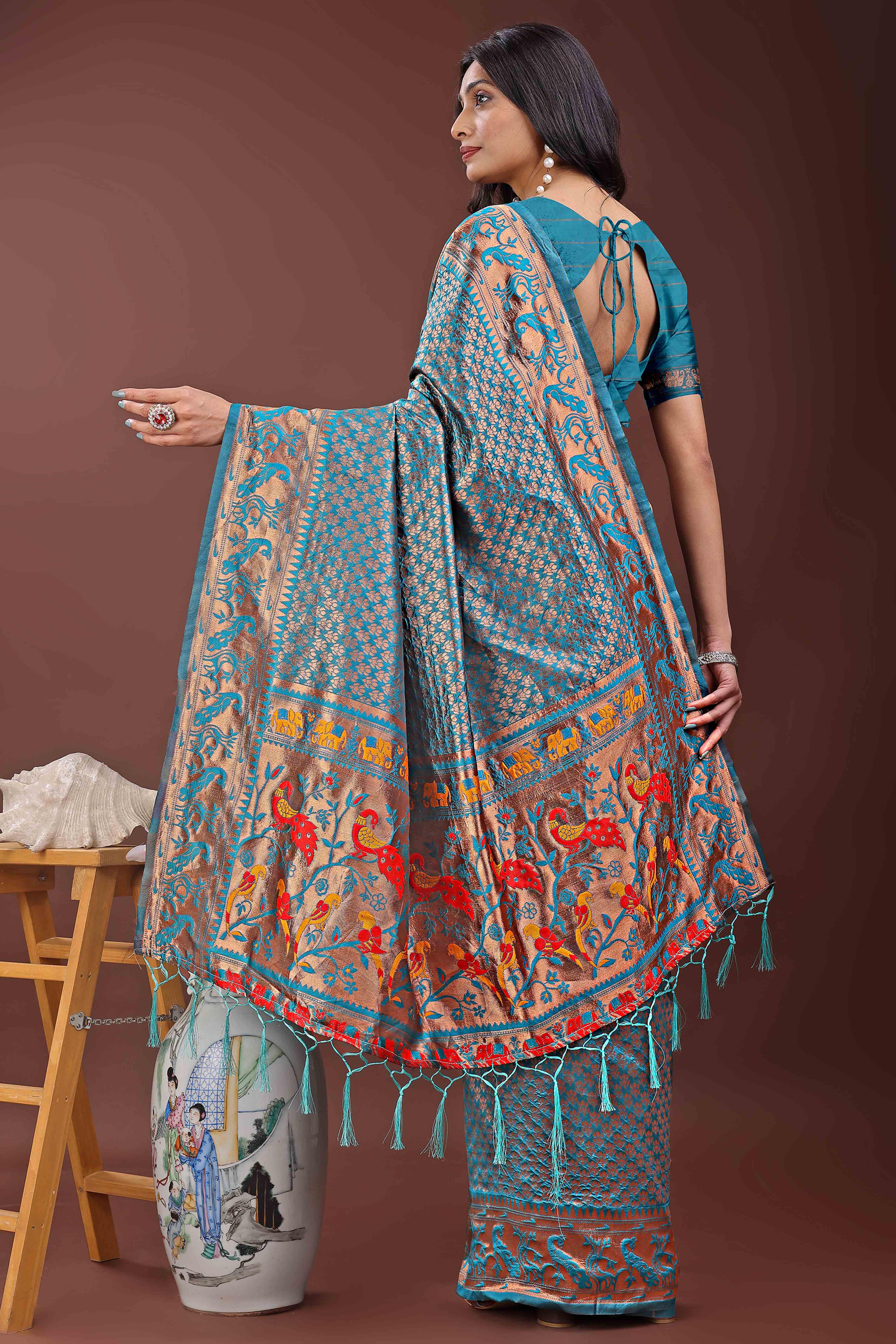 Teal Saree in Banarasi Silk with Luxurious Zari Brocade Weaving