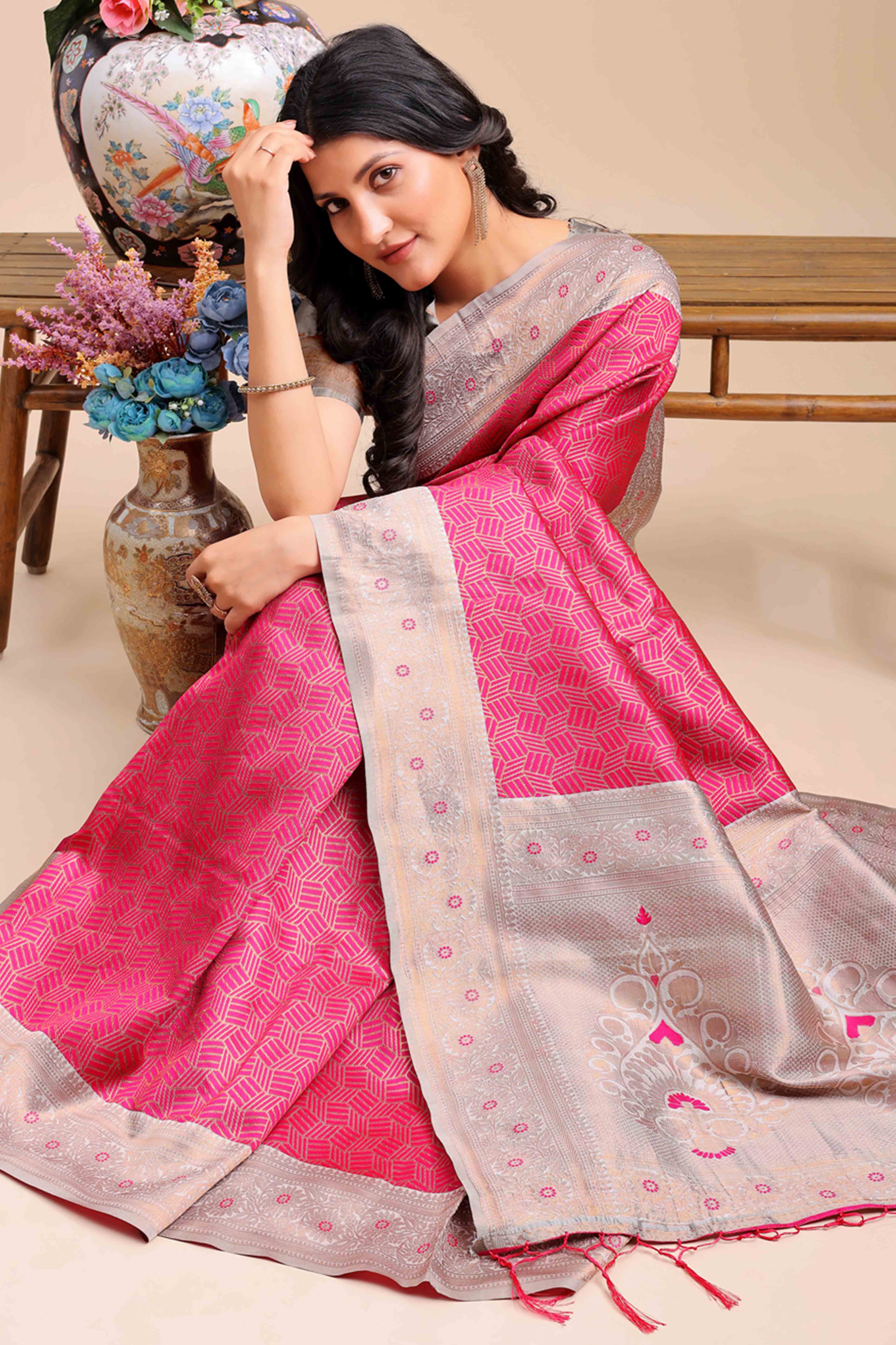 Pink Lichi Cotton Silk Saree With Intricate Zari Weaving In Floral & Geometric Patterns