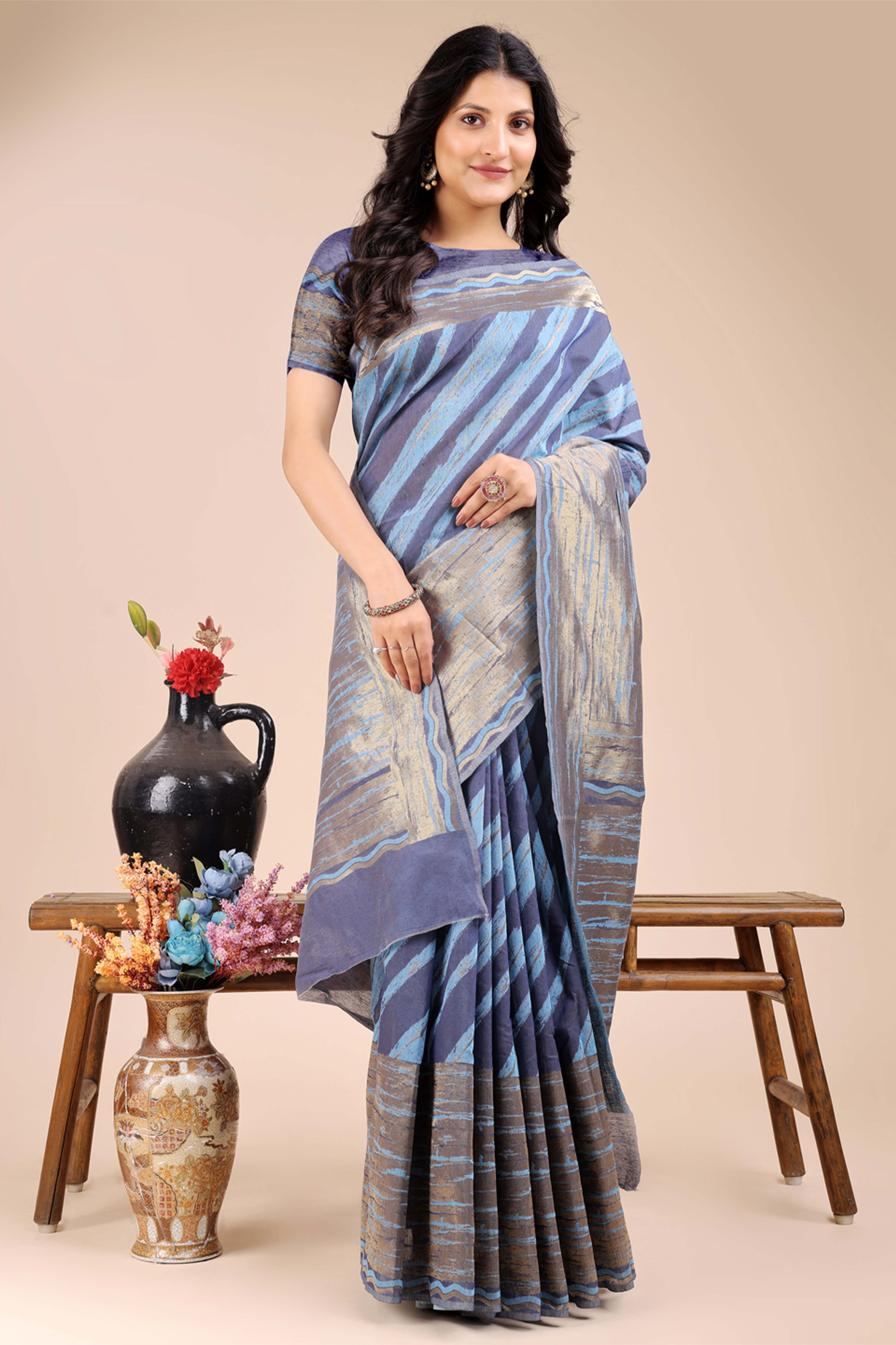 Blue Saree in Cotton Silk with Heritage Inspired Zari Woven Accents