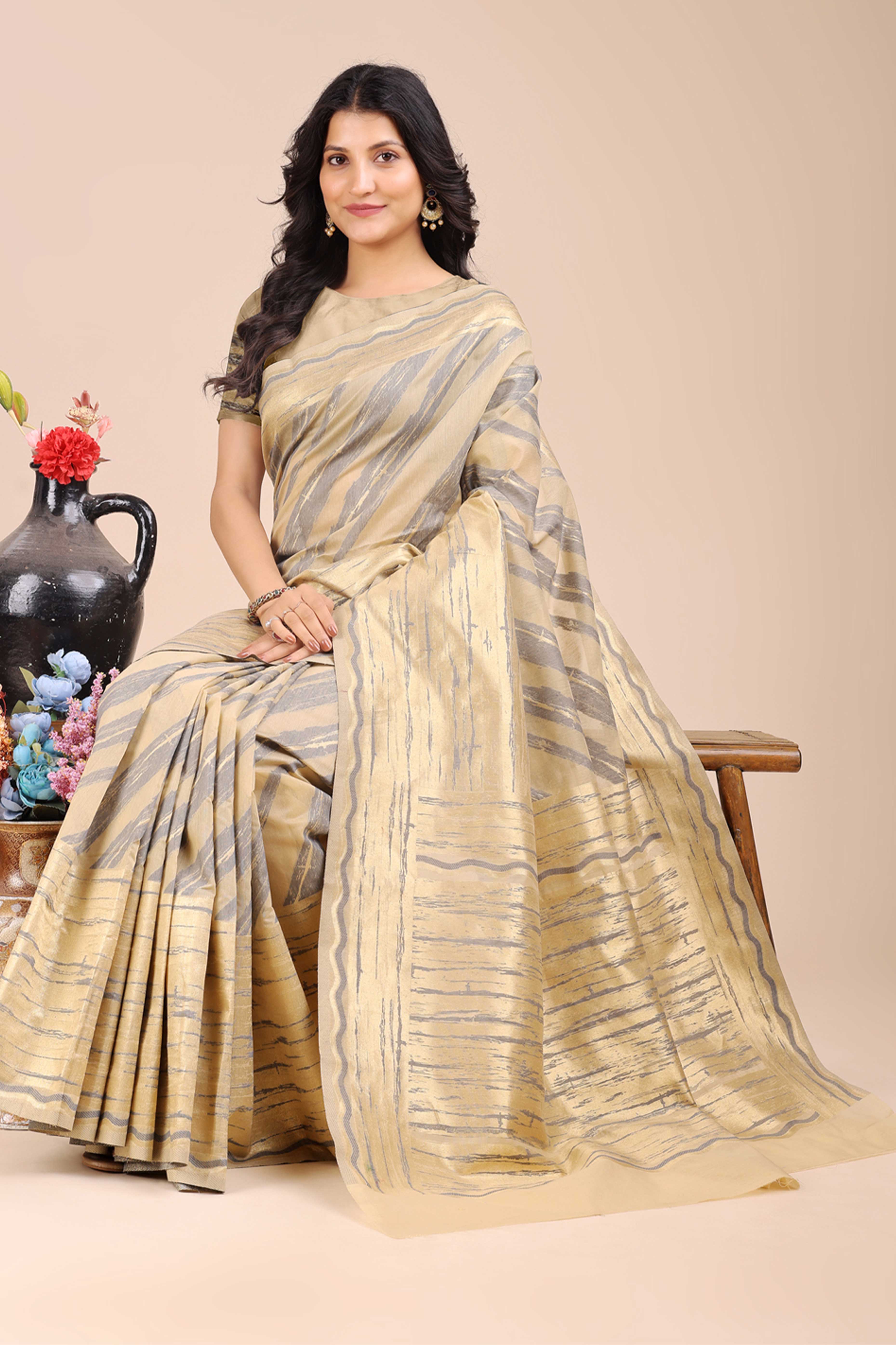 Cream Saree in Cotton Silk with Heritage Inspired Zari Woven Accents