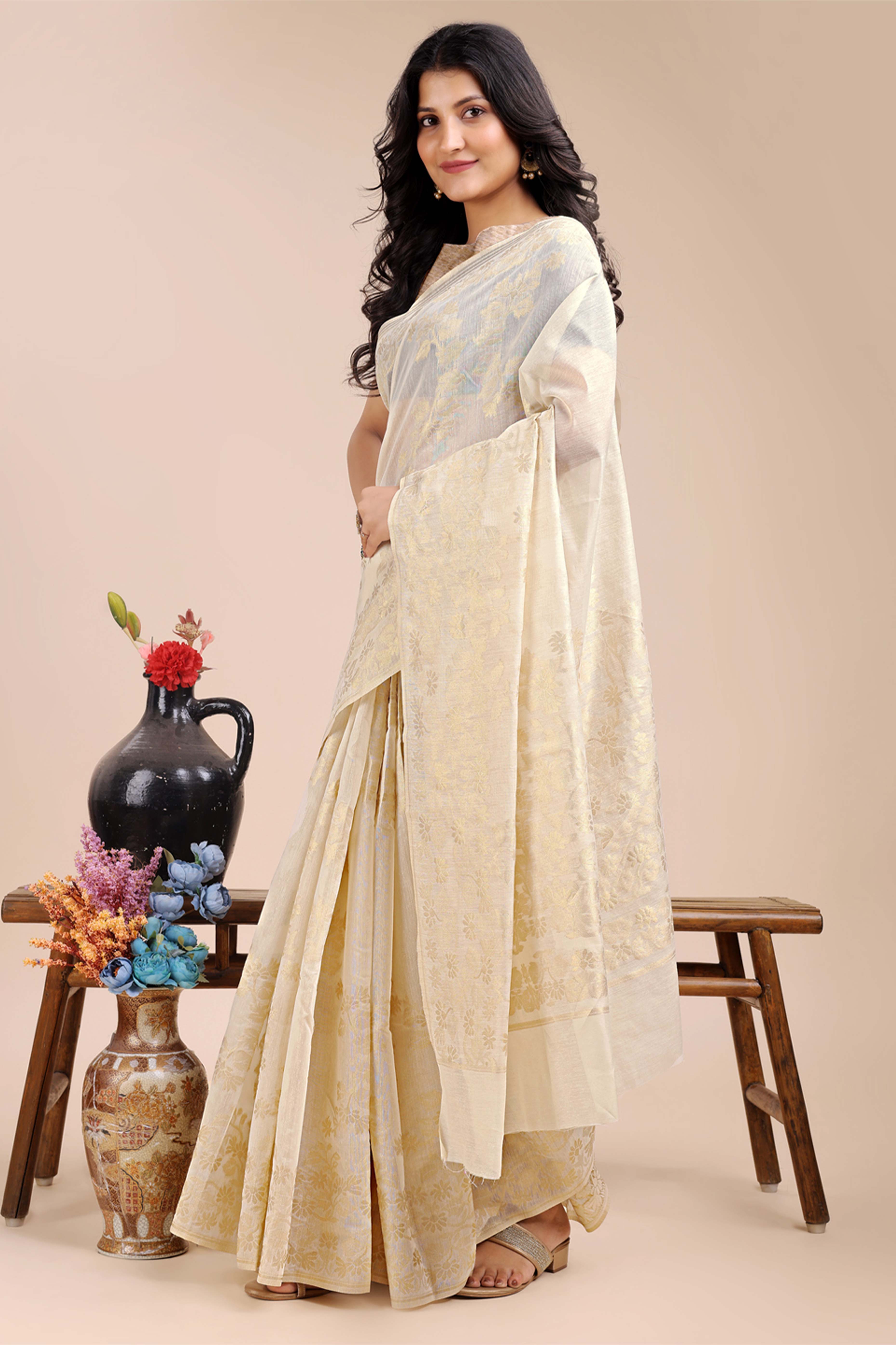Off White Saree in Cotton Silk with Heritage Inspired Zari Woven Accents