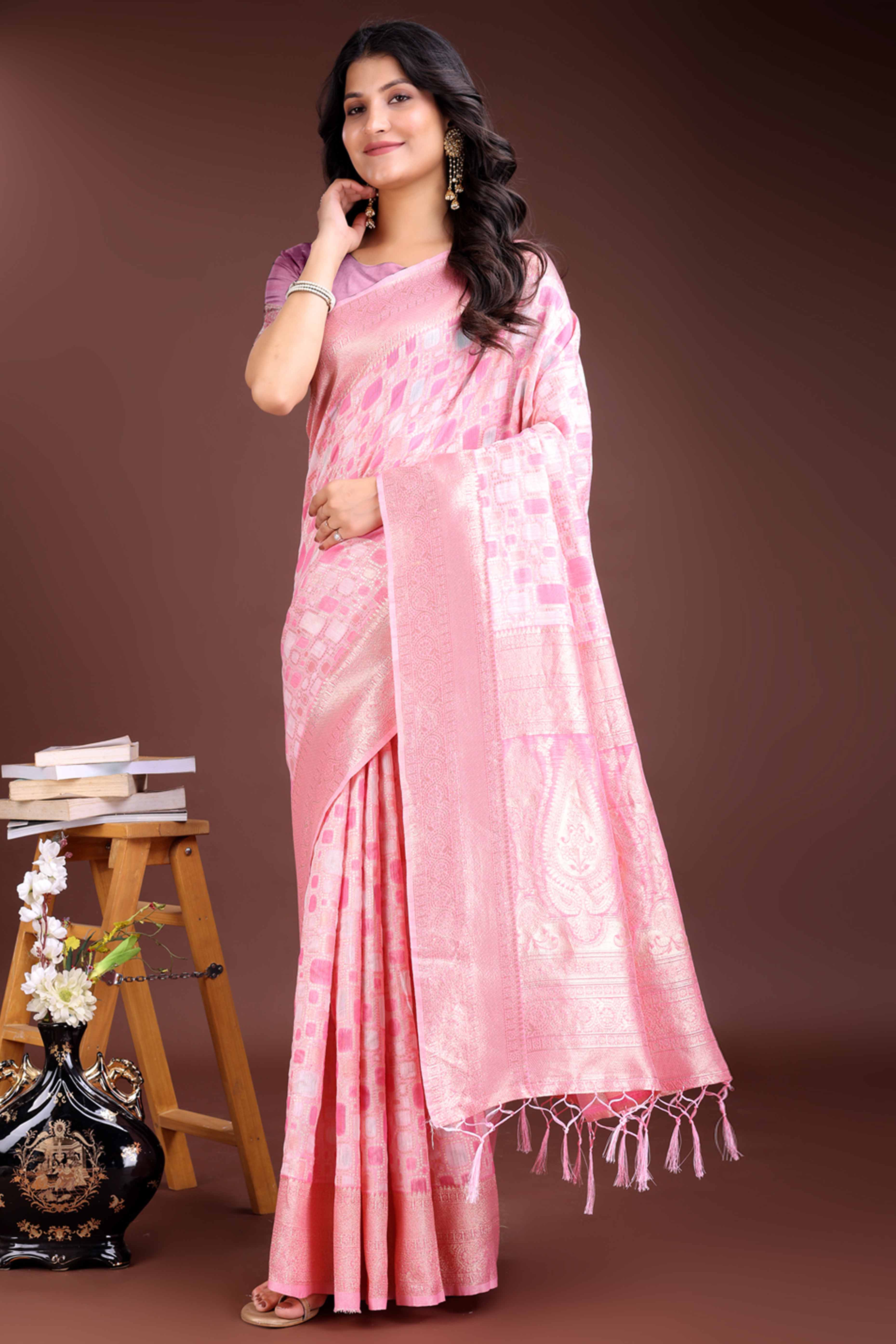 Charming Pink Geometric Style Zari Weaving Cotton Blend Saree Decorated with Graceful Tassels