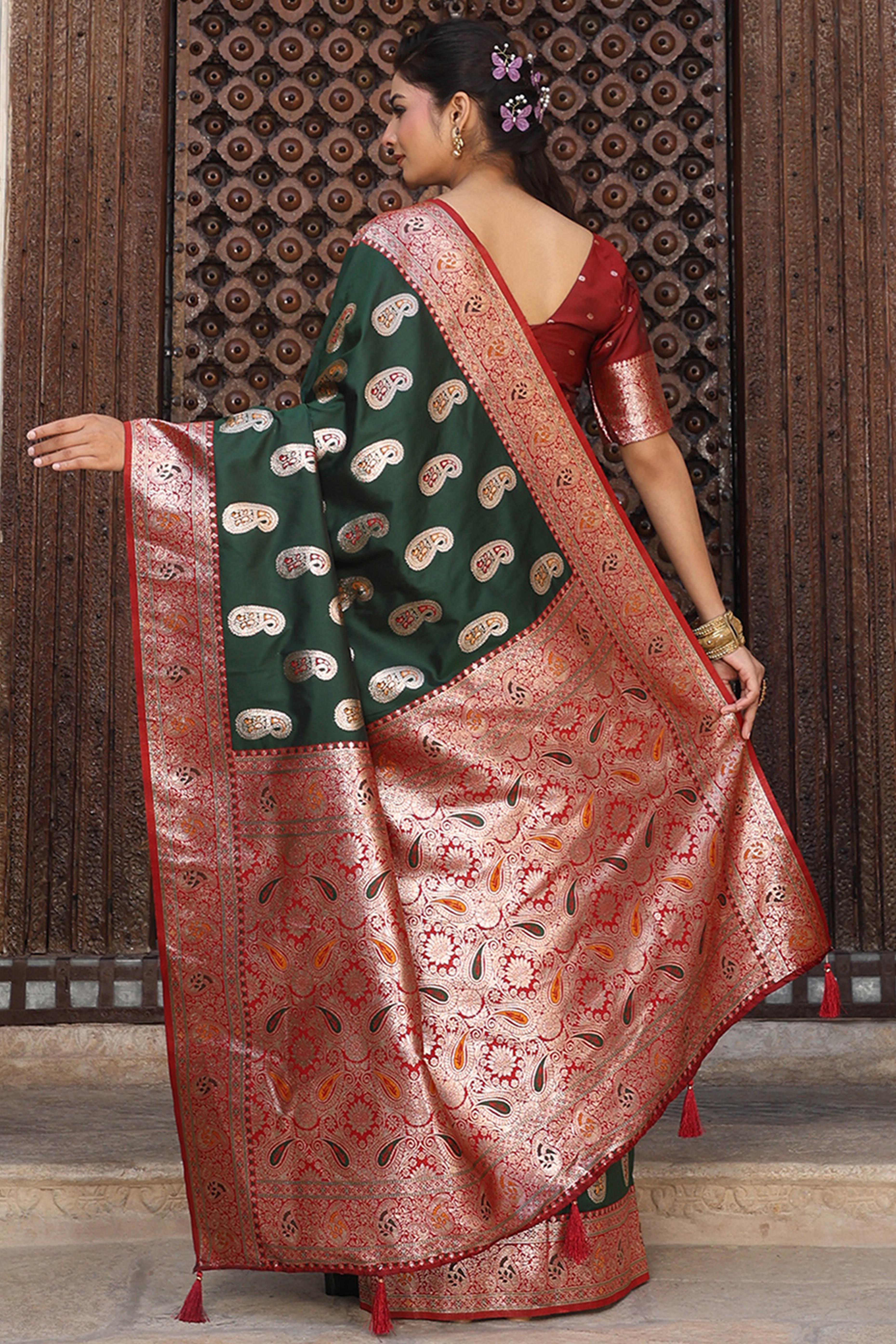 Designer Green Silk Blend Saree with Timeless Paisley Pattern in Zari Weaving