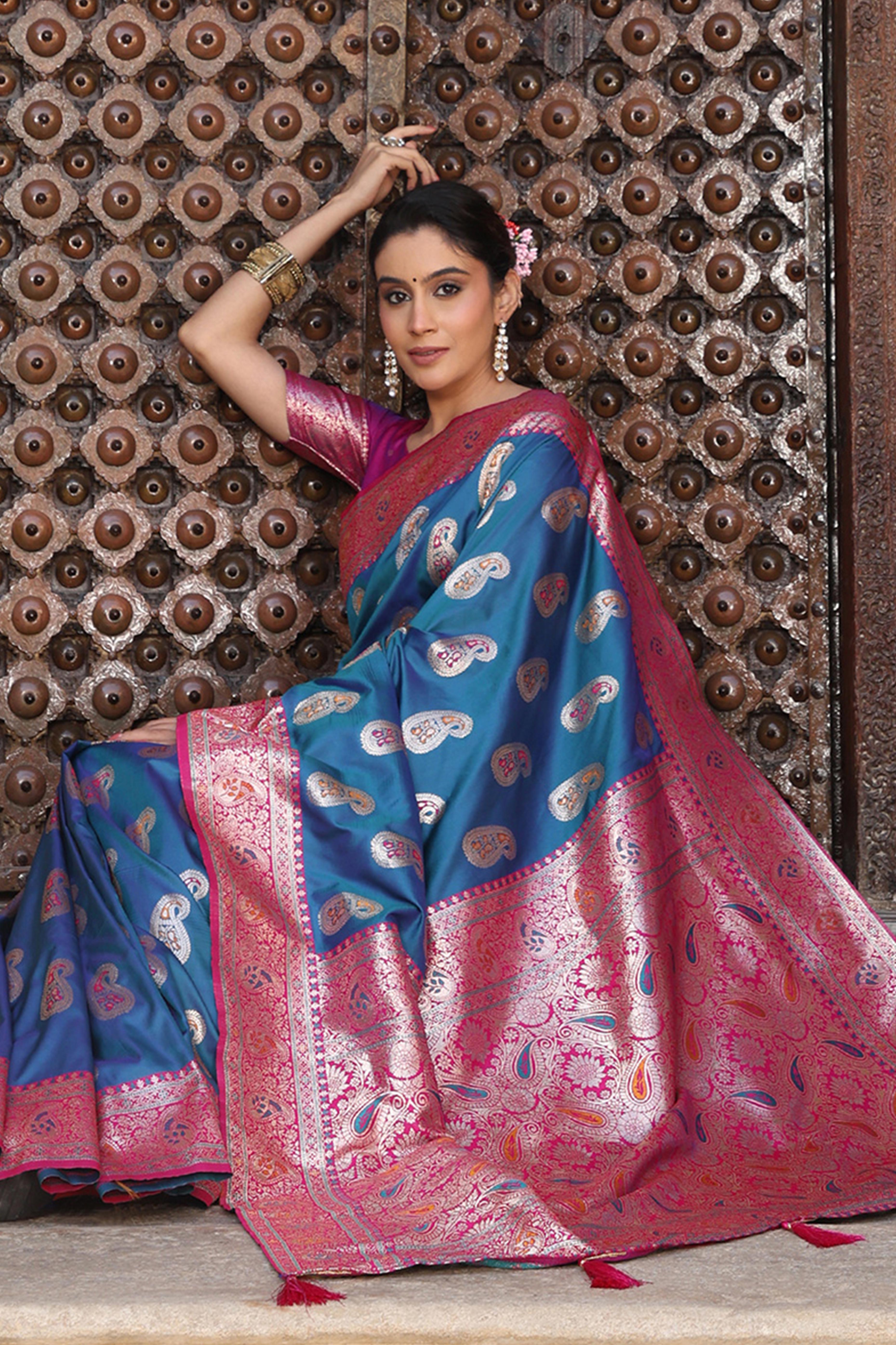 Designer Teal Silk Blend Saree with Timeless Paisley Pattern in Zari Weaving