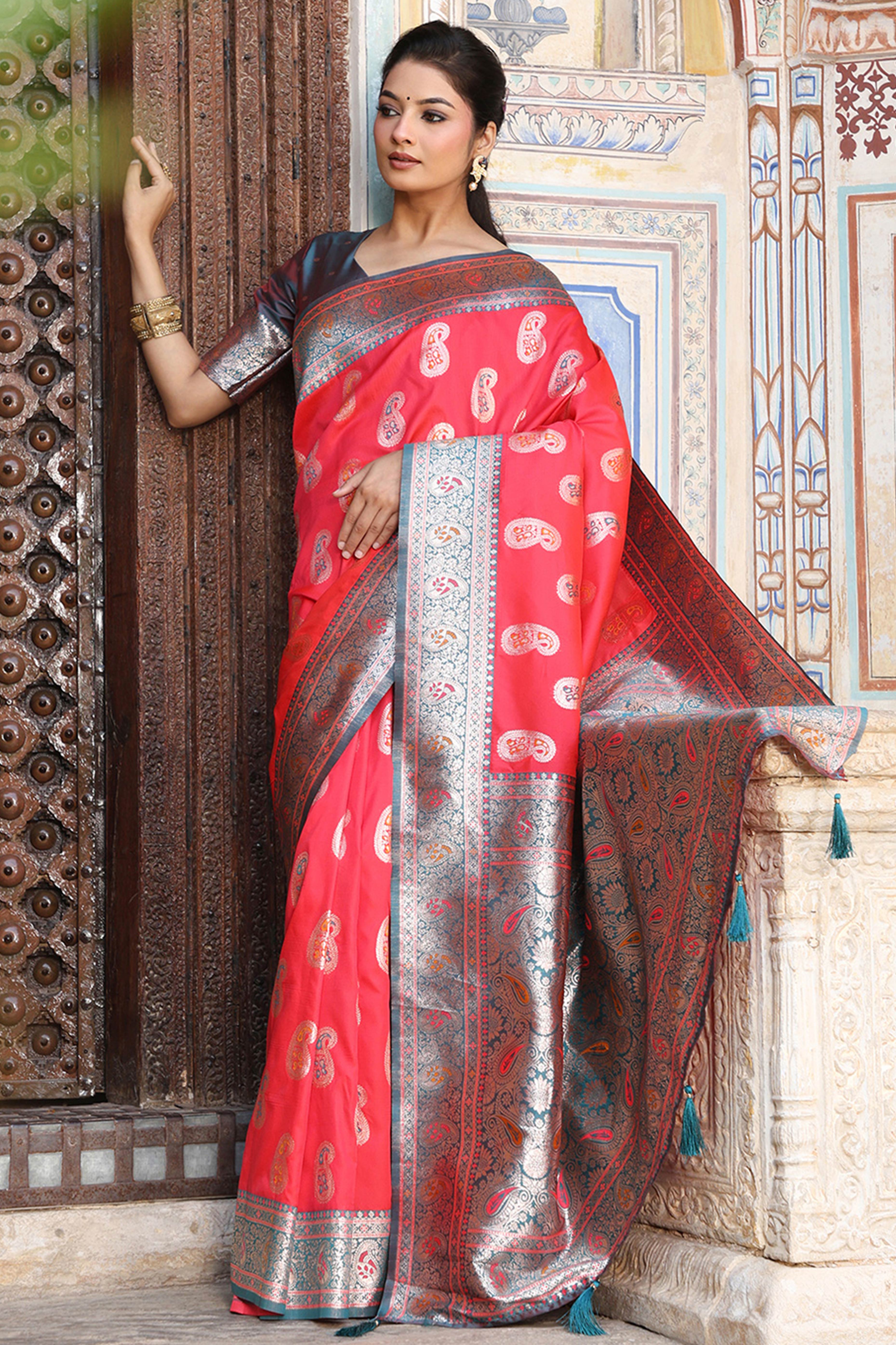 Designer Red Silk Blend Saree with Timeless Paisley Pattern in Zari Weaving