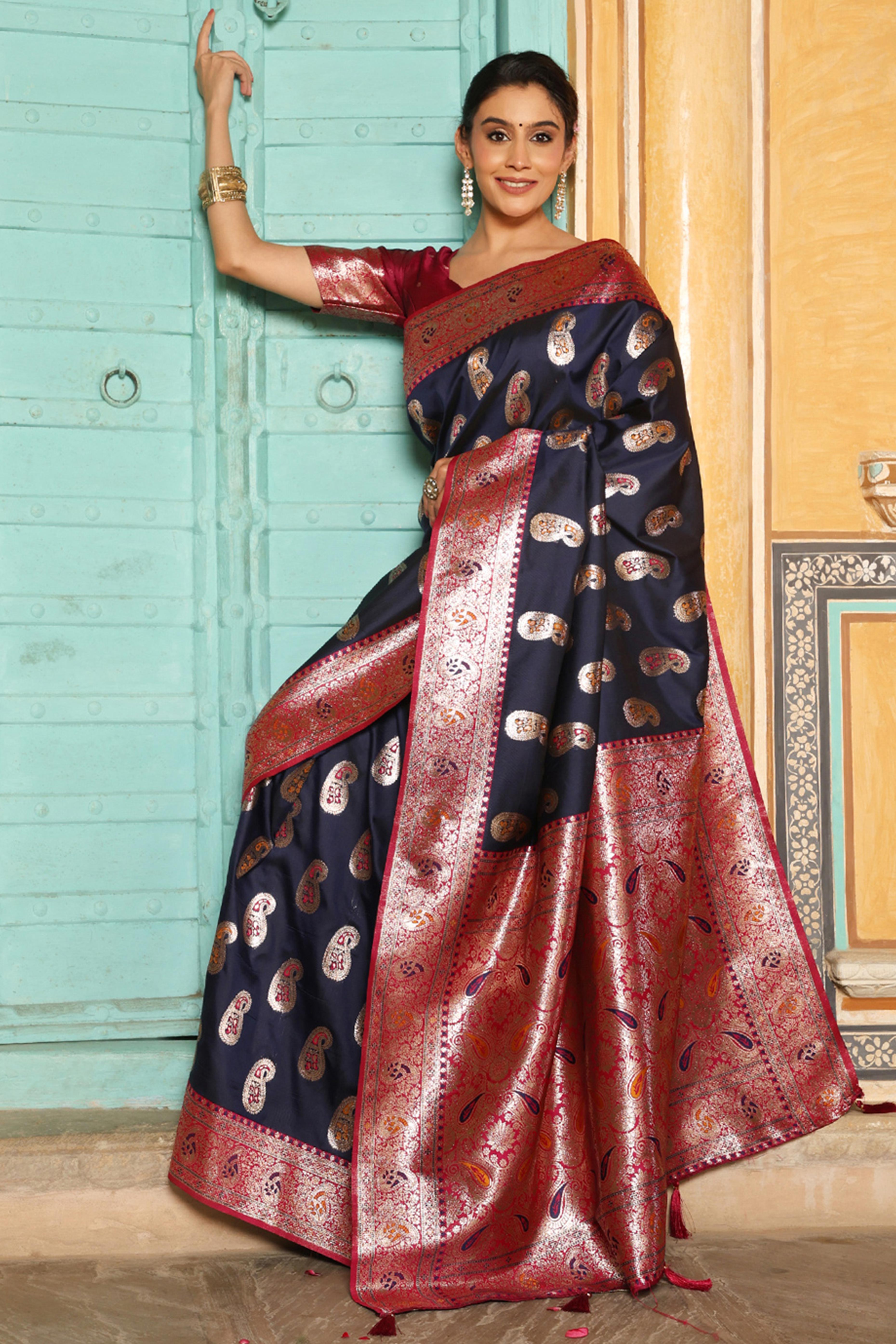 Designer Navy Blue Silk Blend Saree with Timeless Paisley Pattern in Zari Weaving