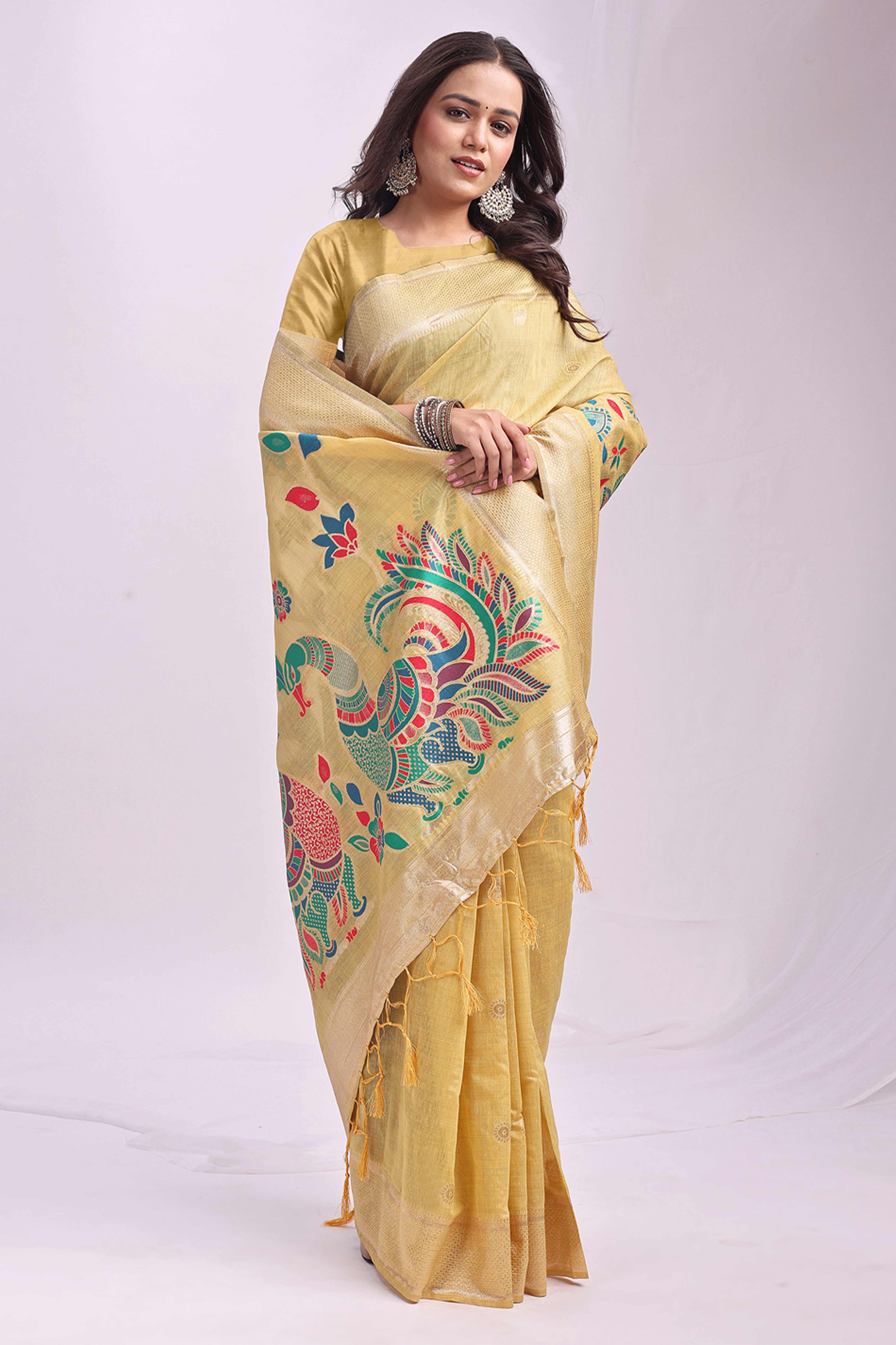 Yelllow Floral Woven Linen Cotton Saree Accented With Peacock Motif Pallu & Zari Border