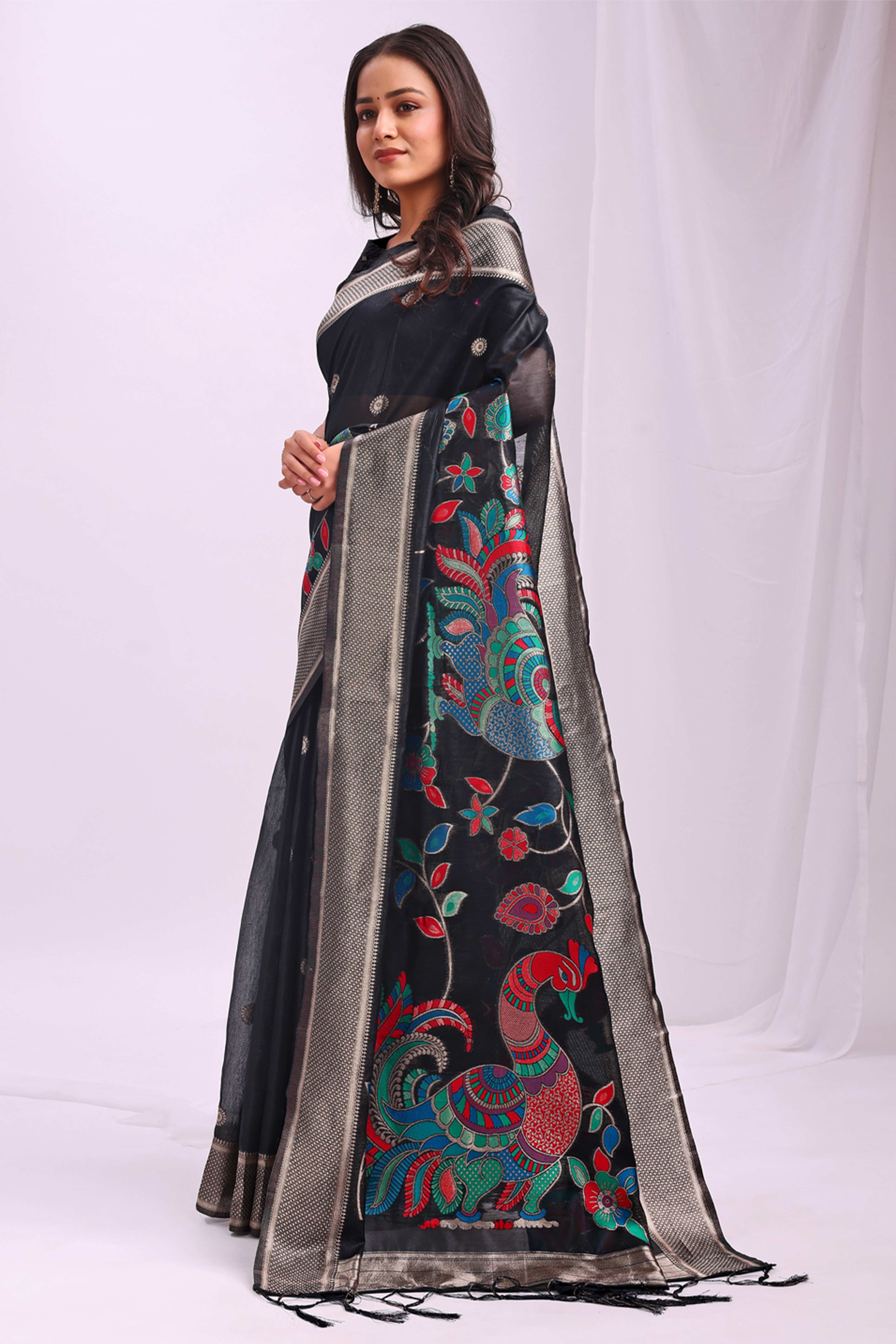 Black Floral Woven Linen Cotton Saree Accented With Peacock Motif Pallu & Zari Border