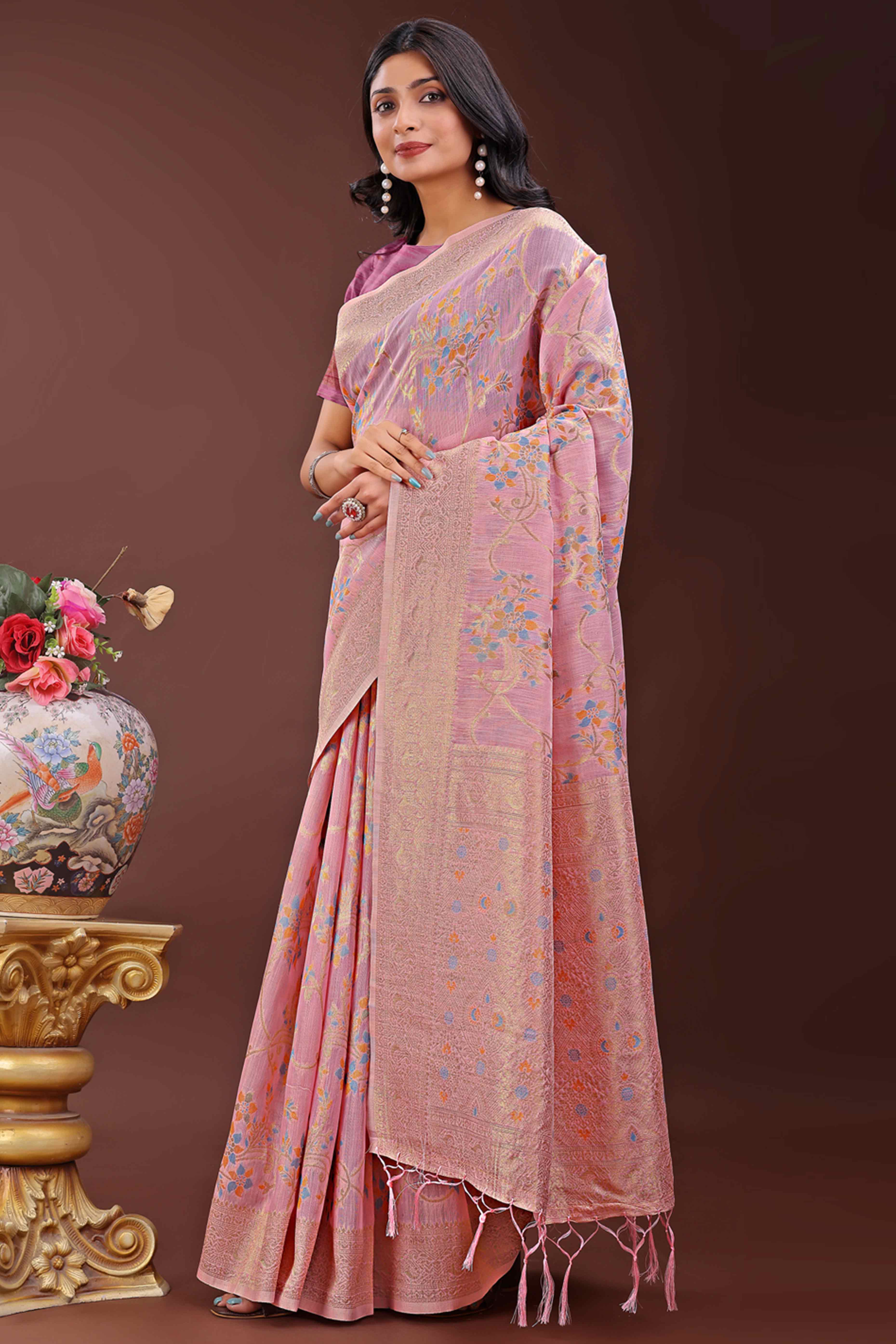 Light Pink Linen Cotton Saree With Intricate Floral Zari Weaving & Tassel Edge