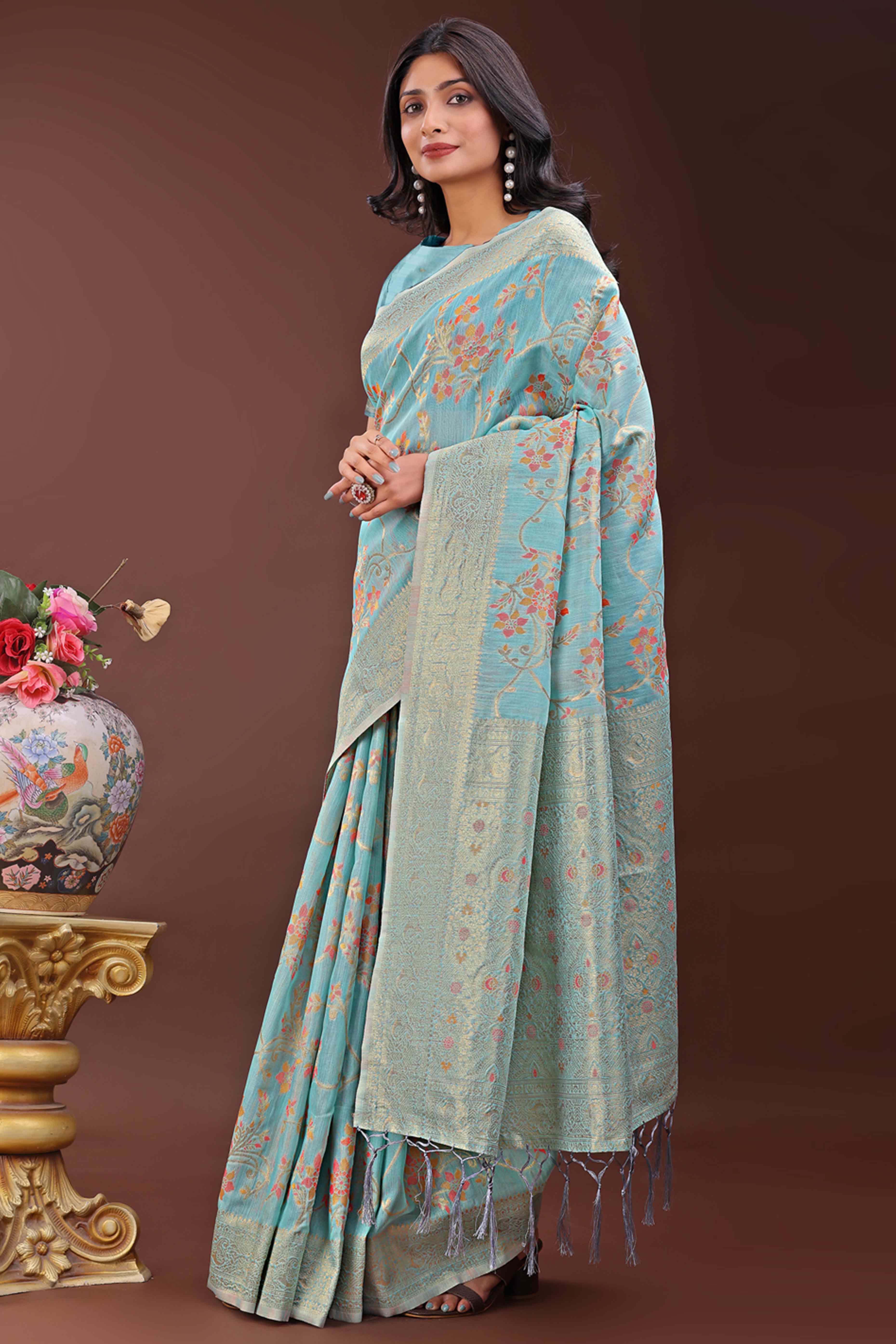 Blue Linen Cotton Saree With Intricate Floral Zari Weving & Tassel Edge
