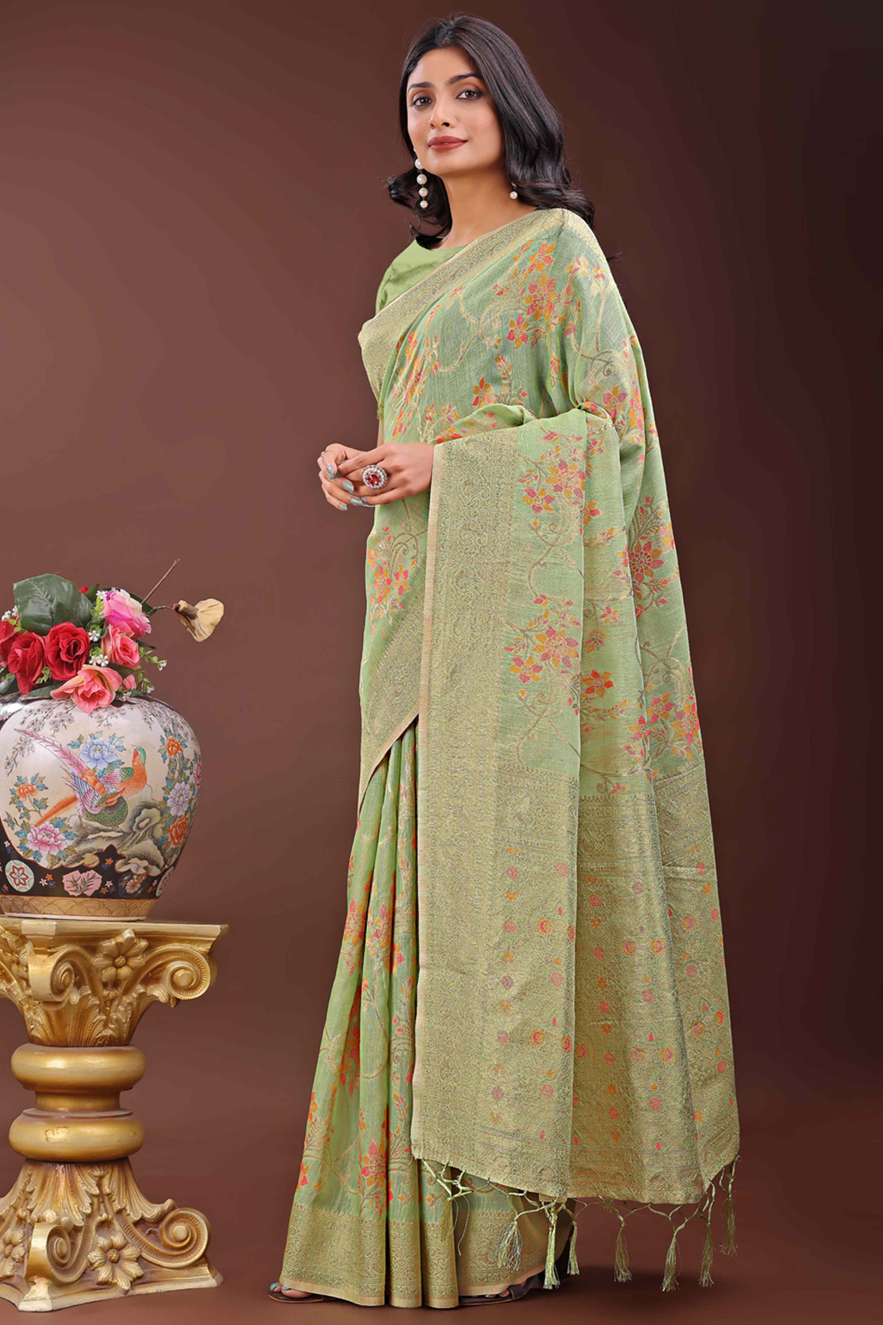 Green Linen Cotton Saree With Intricate Floral Zari Weaving & Tassel Edge