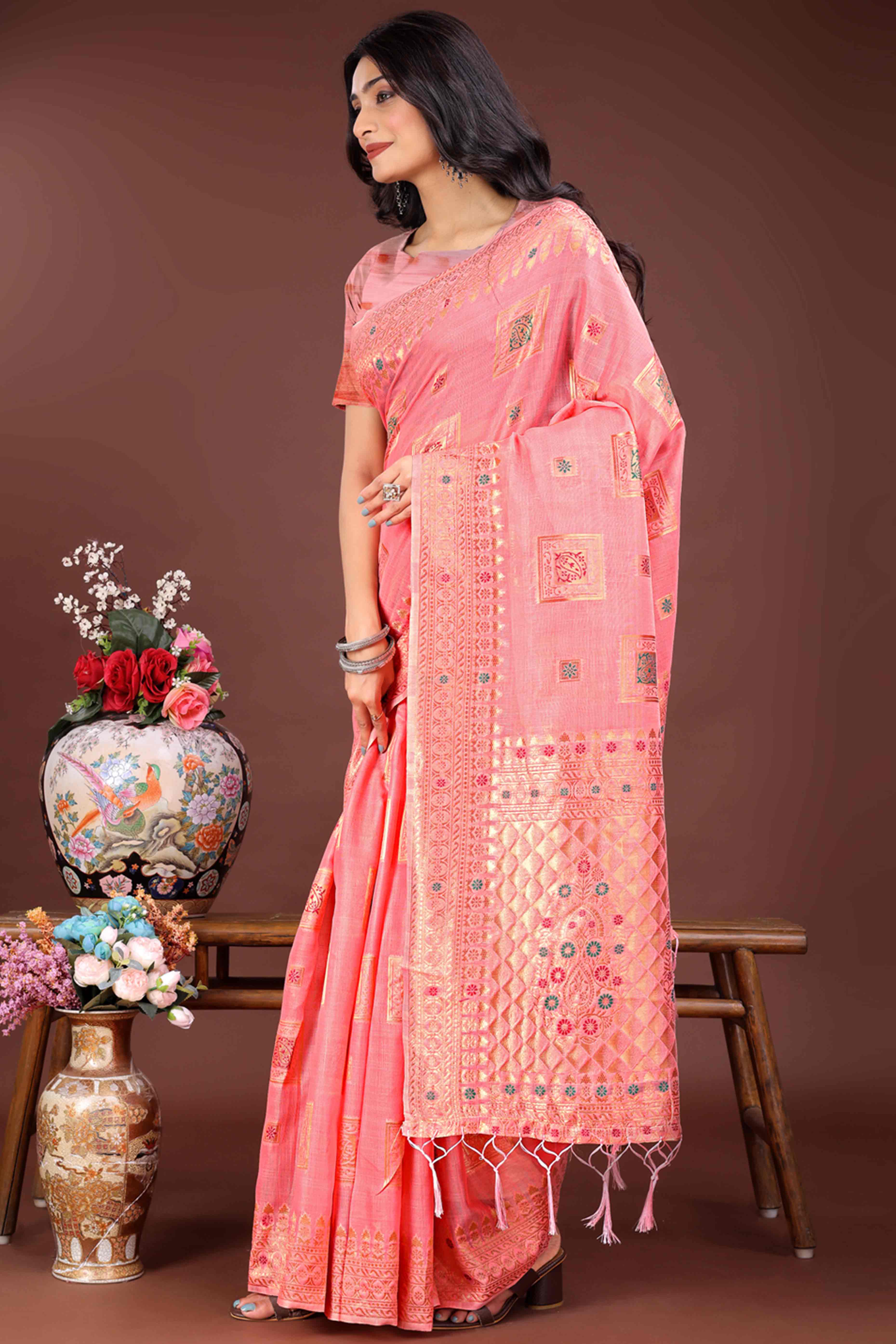 Refreshing Floral Zari Weaving Embellished Gajari Pink Saree In Linen Cotton with Tassel Accents