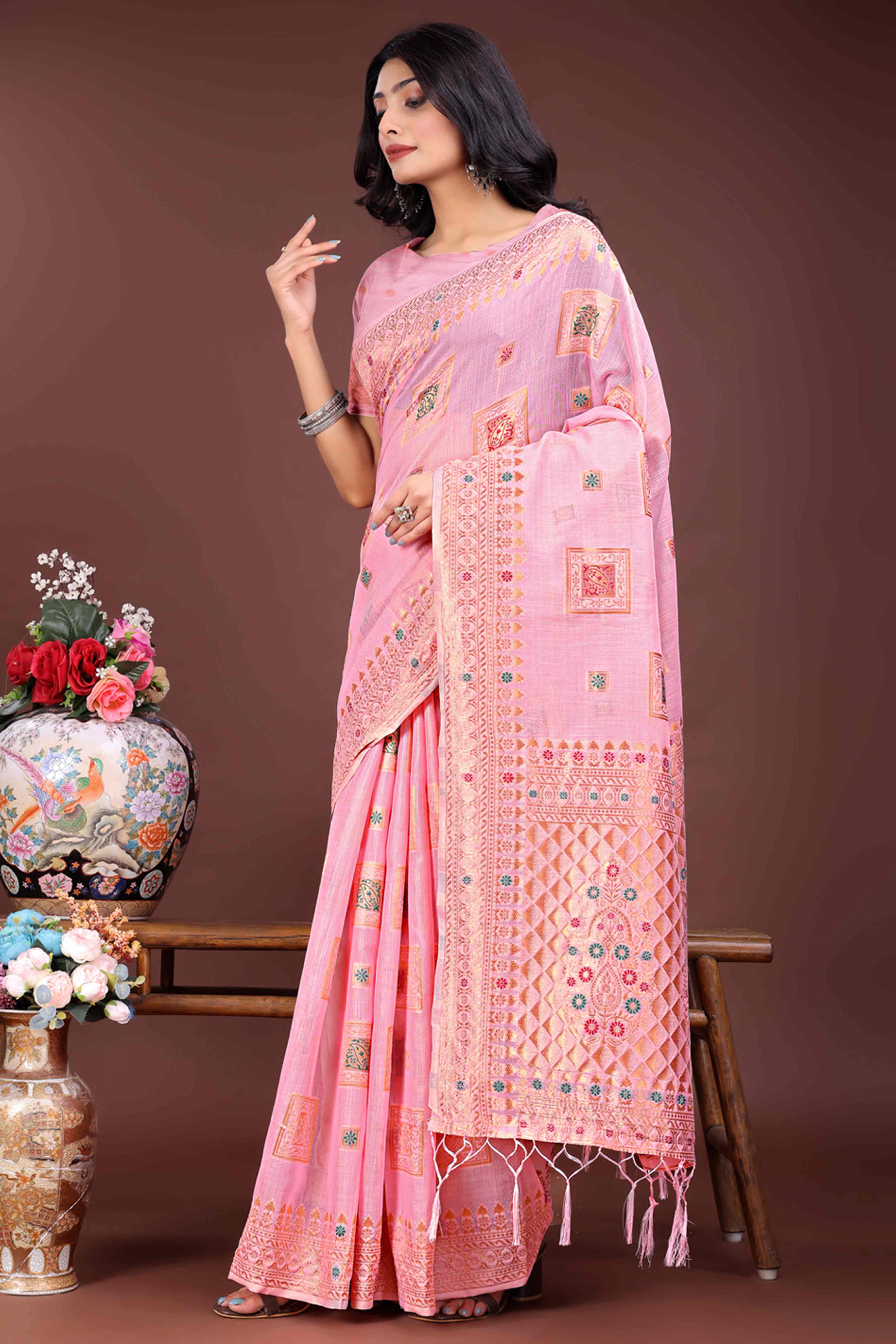 Stunning Floral Zari Weaving Embellished Pink Saree In Linen Cotton with Tassel Accents