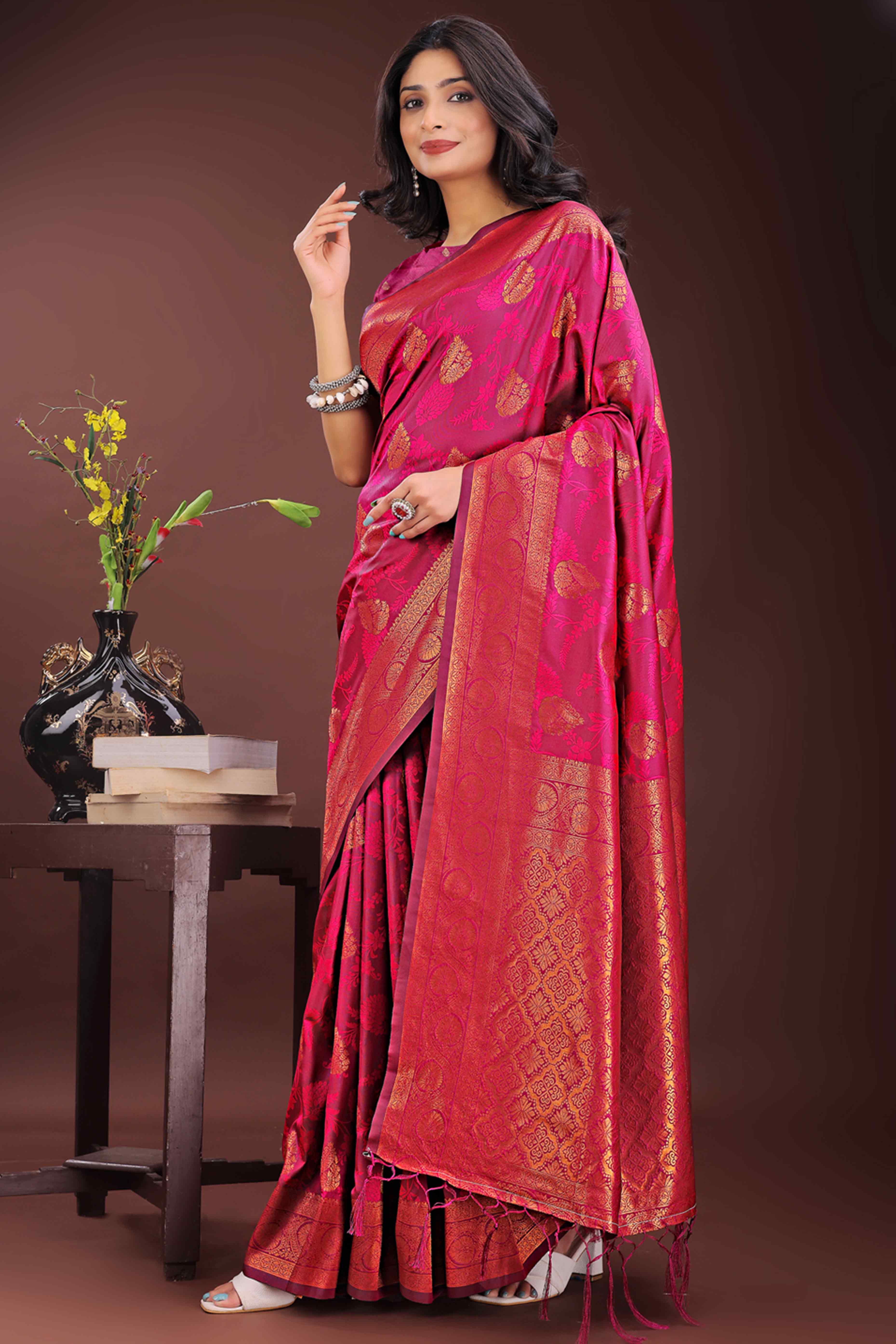 Magenta Banarasi Saree in Silk with Intricately Woven Zari Florals