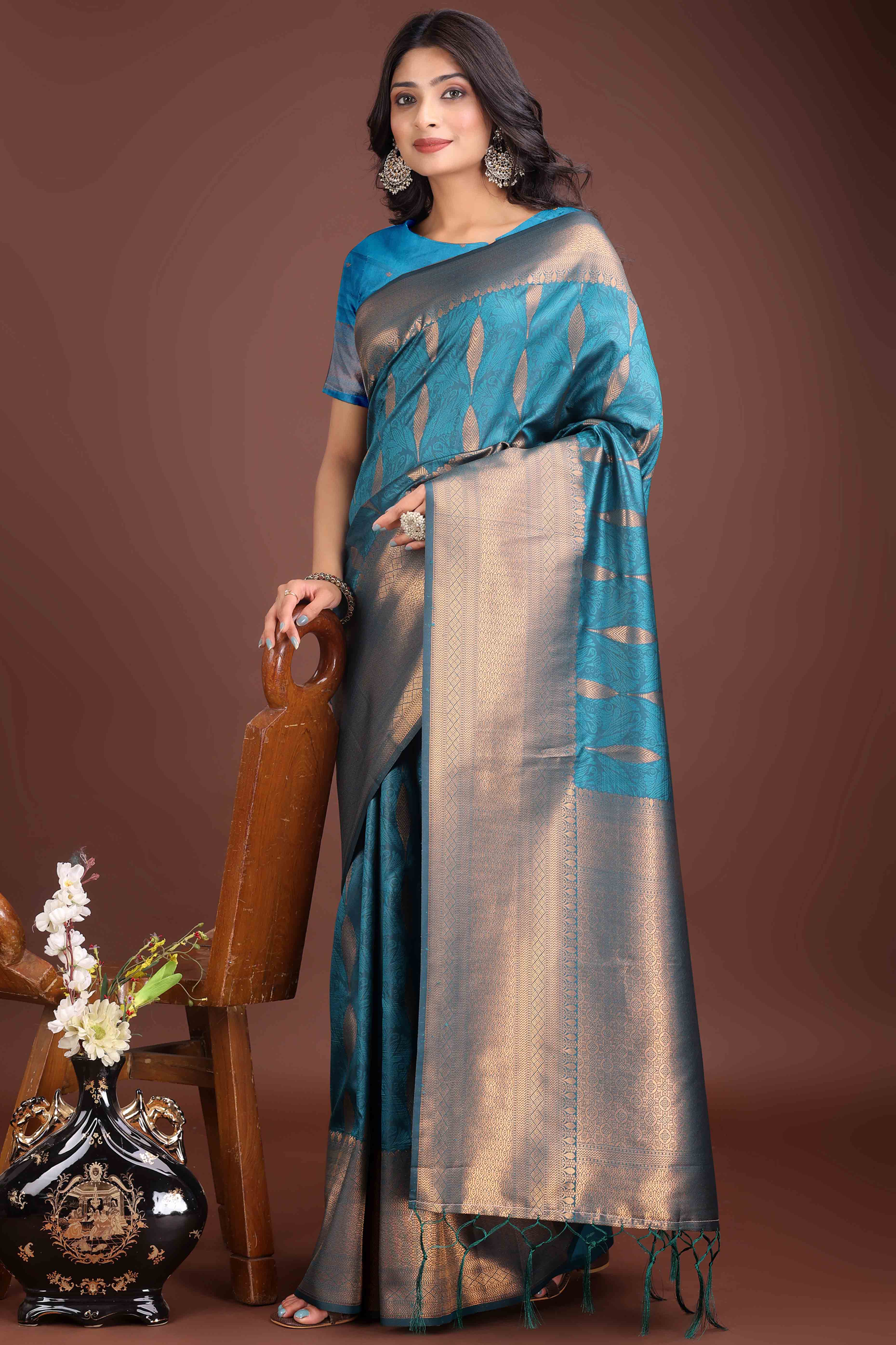 Morpich Blue Zari Woven Banarasi Silk Saree With Timeless Tassel Border