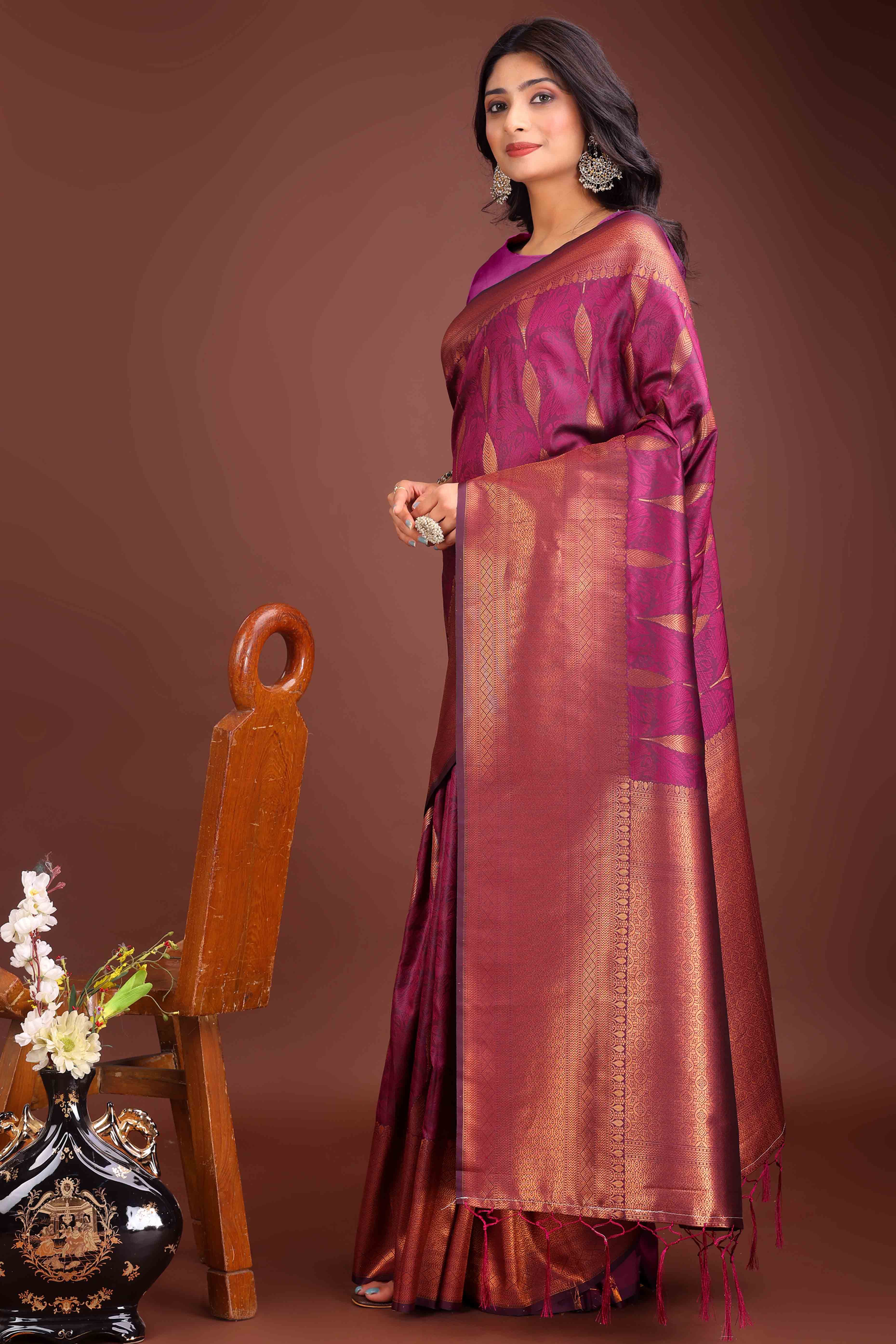 Magenta Zari Woven Banarasi Silk Saree With Timeless Tassel Border