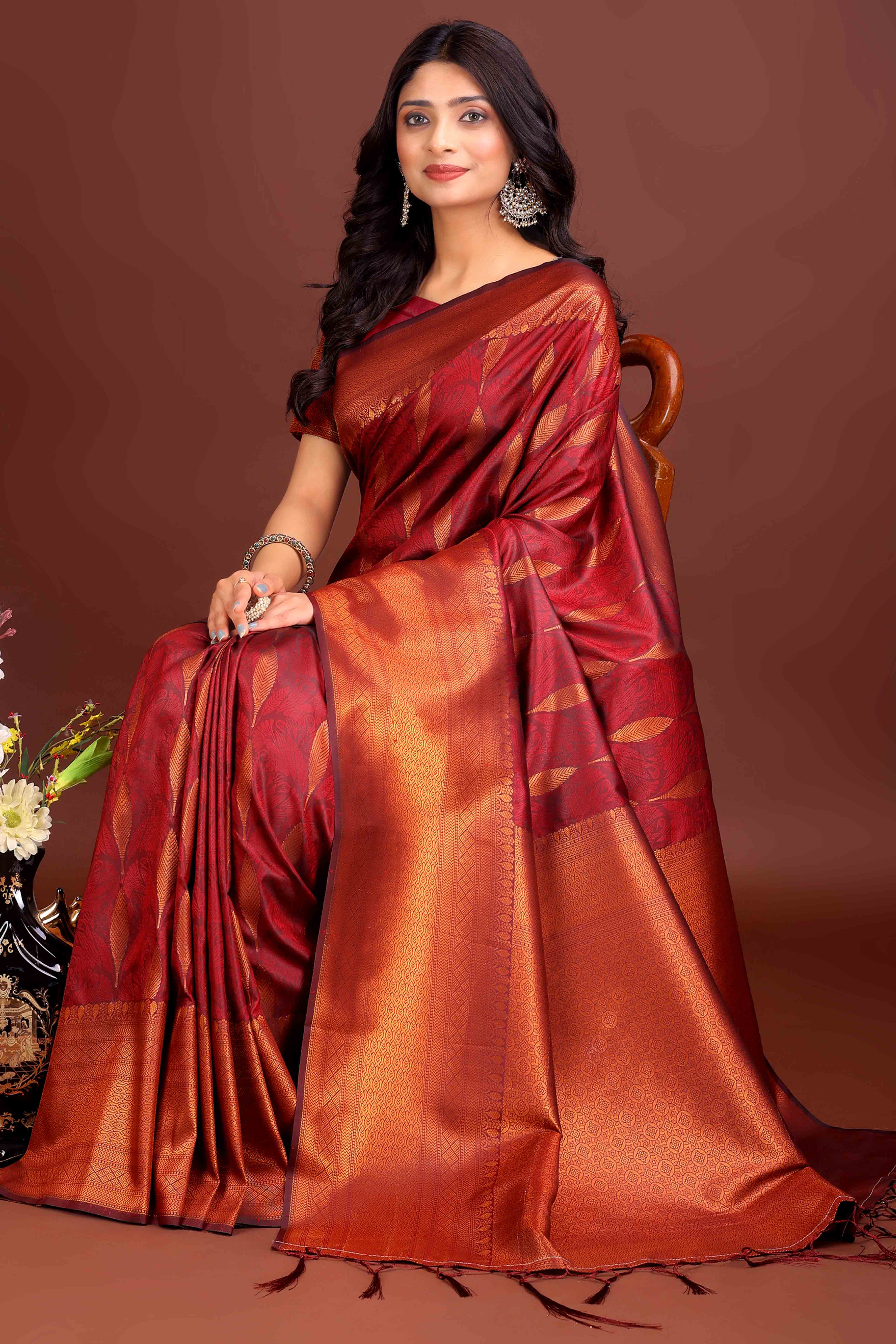 Maroon Zari Woven Banarasi Silk Saree With Timeless Tassel Border