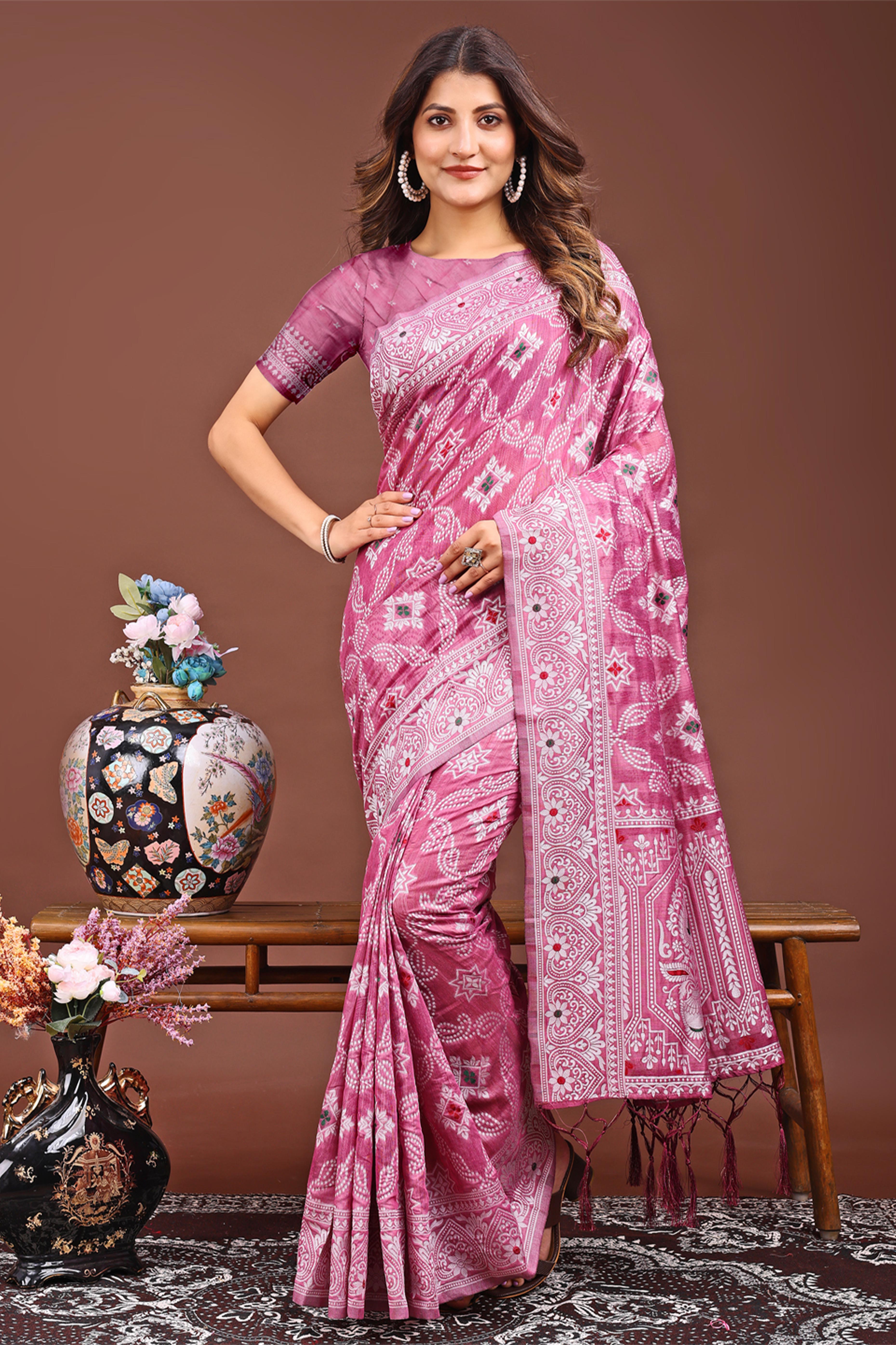 Traditional Bandhani Inspired Woven Pink Saree in Breathable Linen Cotton
