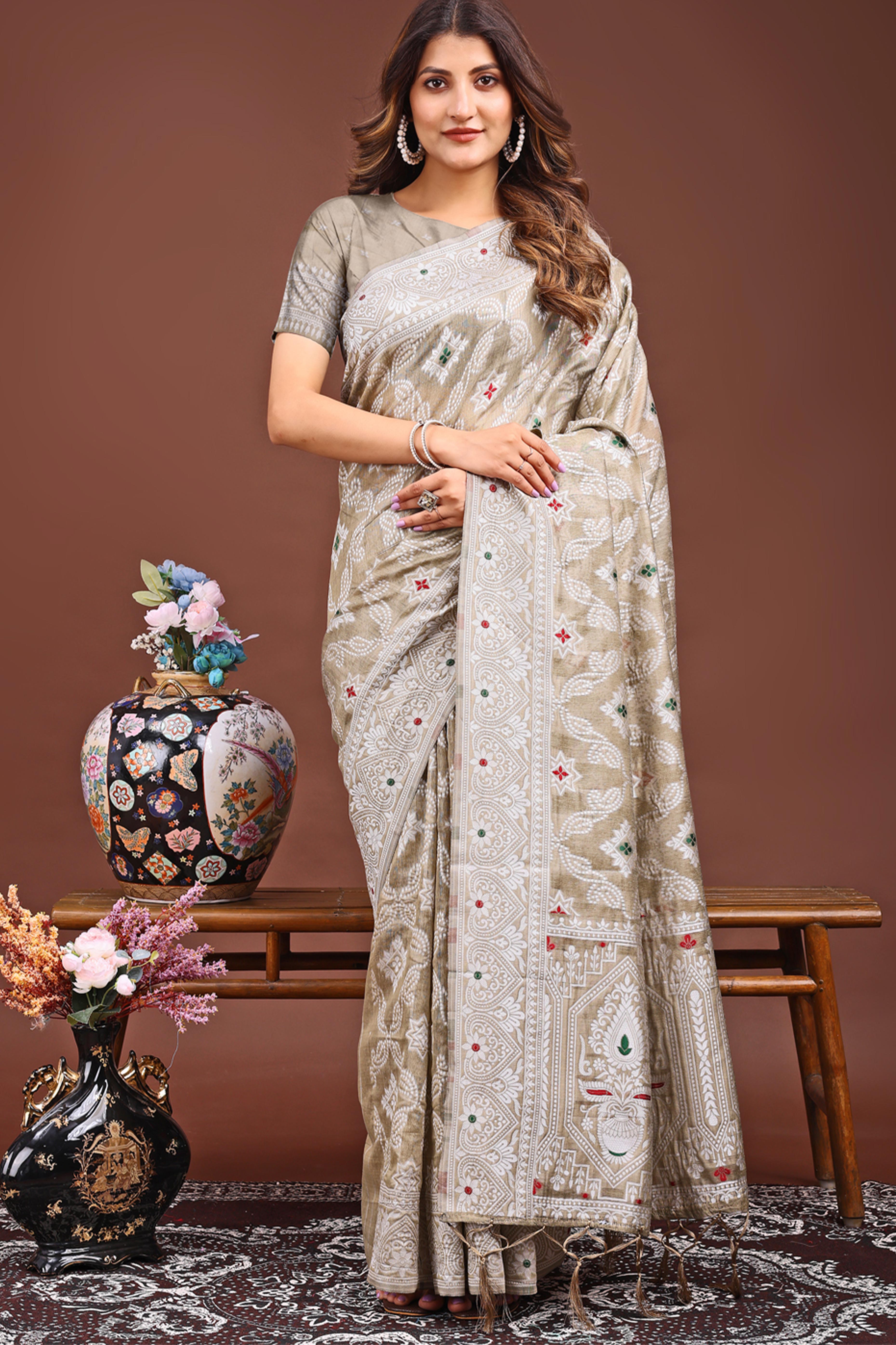 Traditional Bandhani Inspired Woven Brown Saree in Breathable Linen Cotton