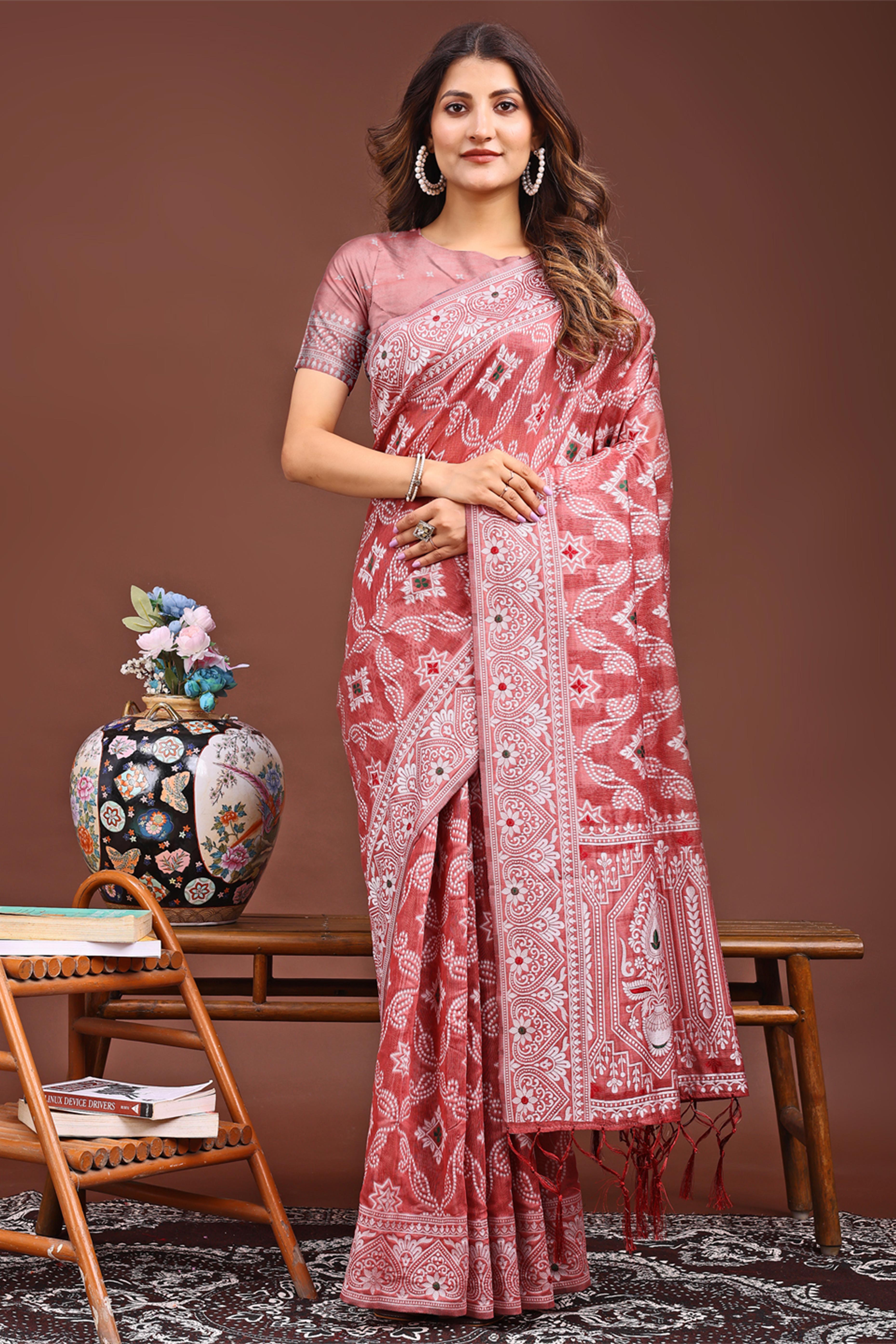 Traditional Bandhani Inspired Woven Peach Saree in Breathable Linen Cotton
