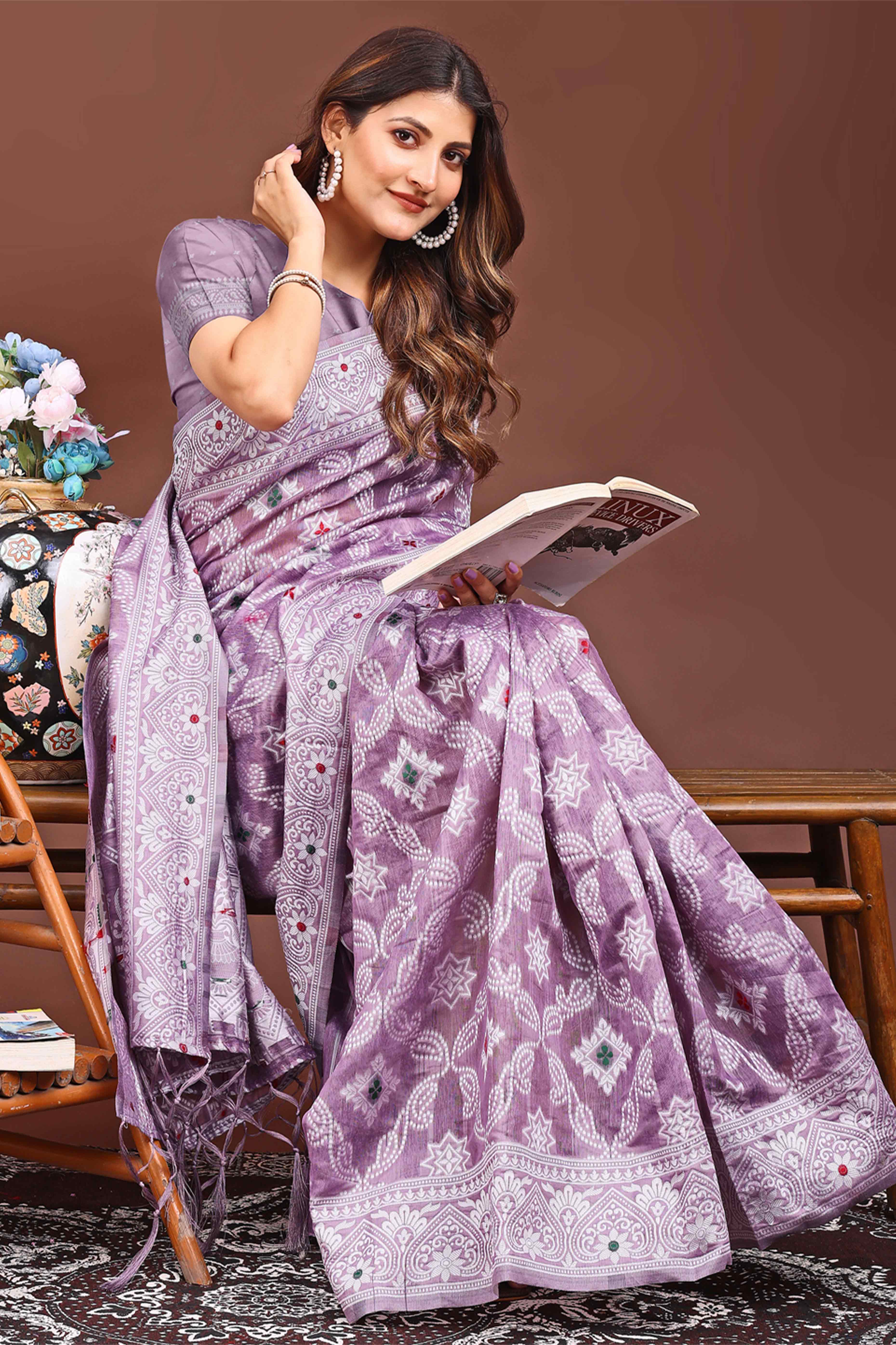 Traditional Bandhani Inspired Woven Purple Saree in Breathable Linen Cotton