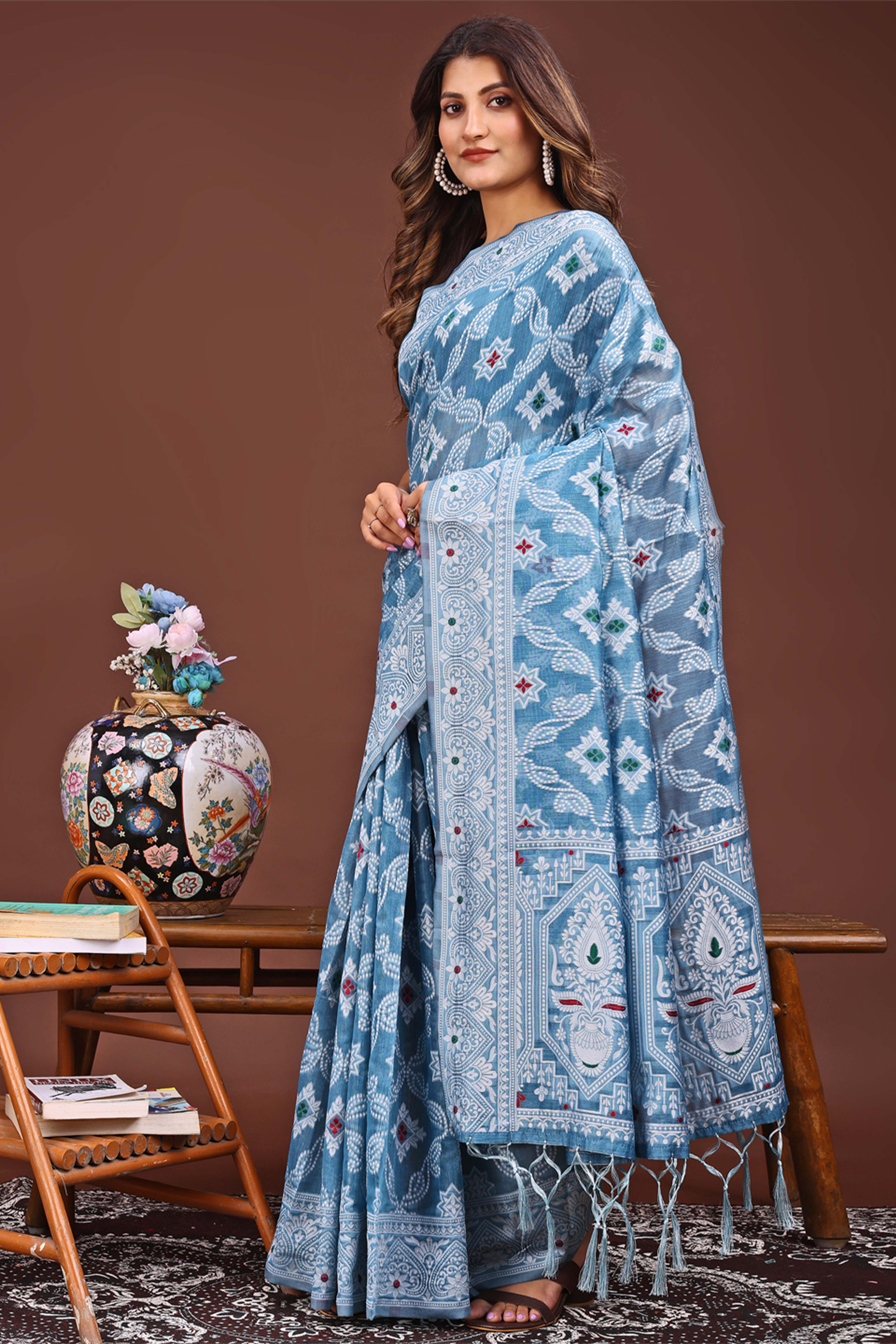 Traditional Bandhani Inspired Woven Sky Blue Saree in Breathable Linen Cotton